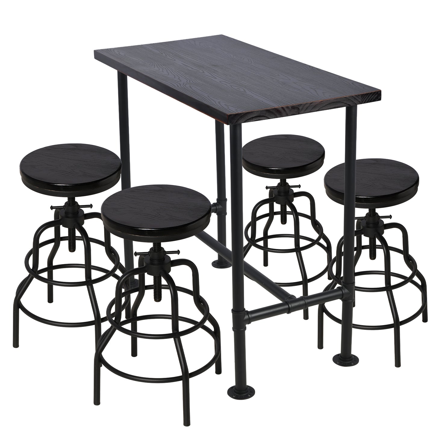 Industrial Bar Table and 4 Stools Set, Solid Pine Wood with Black Walnut Finish, Fixed Height Bar Height Table with Adjustable Stools for Kitchen, Dining Room, Home Bar & Cafe