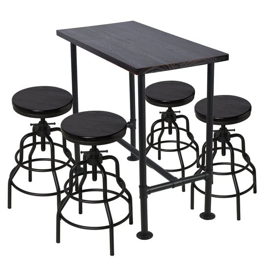 Industrial Bar Table and 4 Stools Set, Solid Pine Wood with Black Walnut Finish, Fixed Height Bar Height Table with Adjustable Stools for Kitchen, Dining Room, Home Bar & Cafe