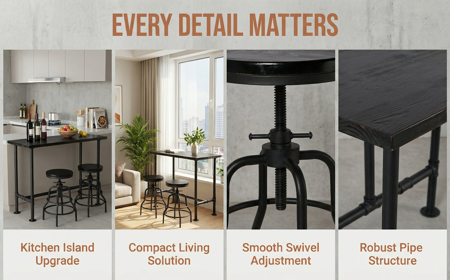 Industrial Bar Table and 4 Stools Set, Solid Pine Wood with Black Walnut Finish, Fixed Height Bar Height Table with Adjustable Stools for Kitchen, Dining Room, Home Bar & Cafe