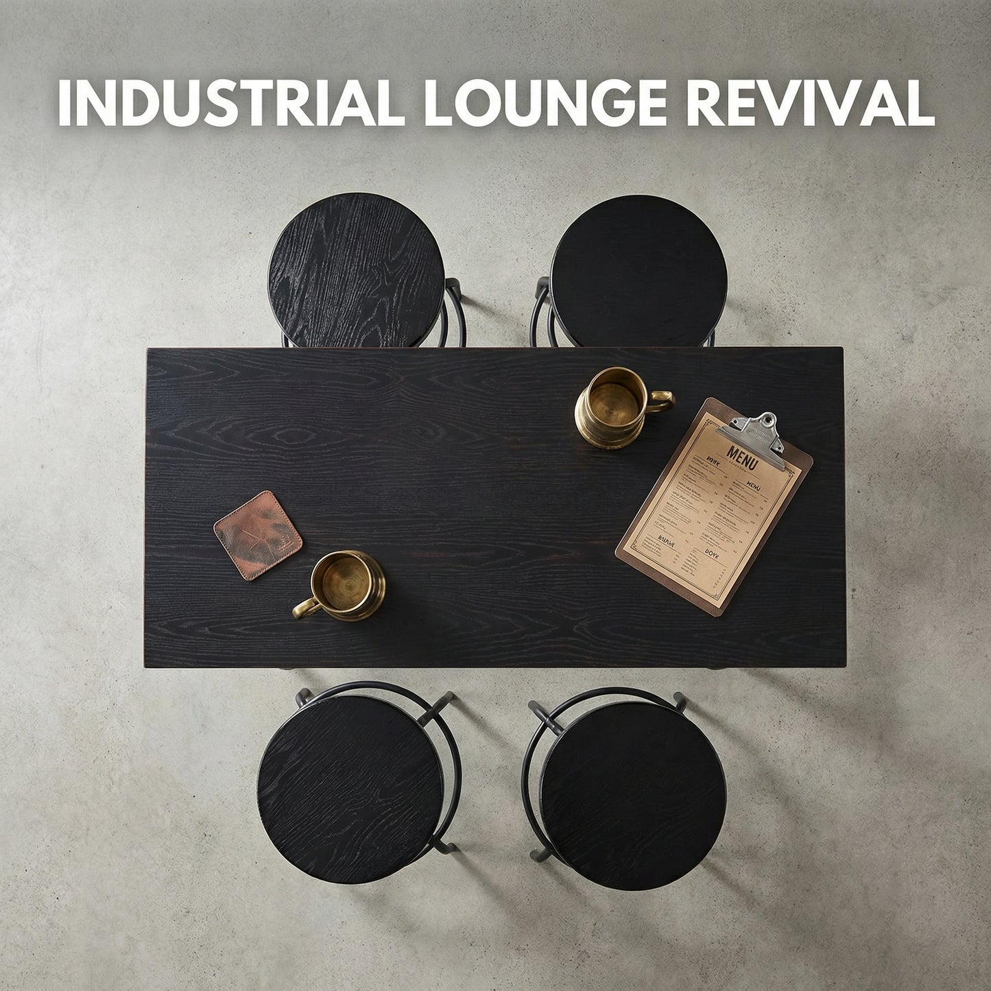 Industrial Bar Table and 4 Stools Set, Solid Pine Wood with Black Walnut Finish, Fixed Height Bar Height Table with Adjustable Stools for Kitchen, Dining Room, Home Bar & Cafe