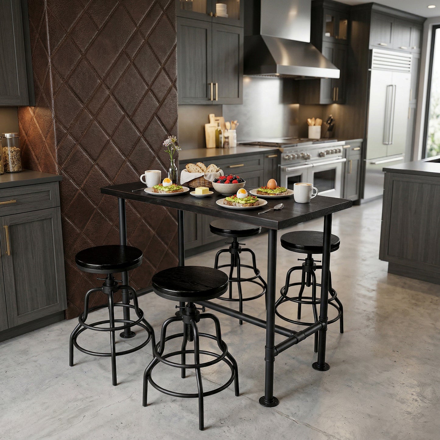 Industrial Bar Table and 4 Stools Set, Solid Pine Wood with Black Walnut Finish, Fixed Height Bar Height Table with Adjustable Stools for Kitchen, Dining Room, Home Bar & Cafe