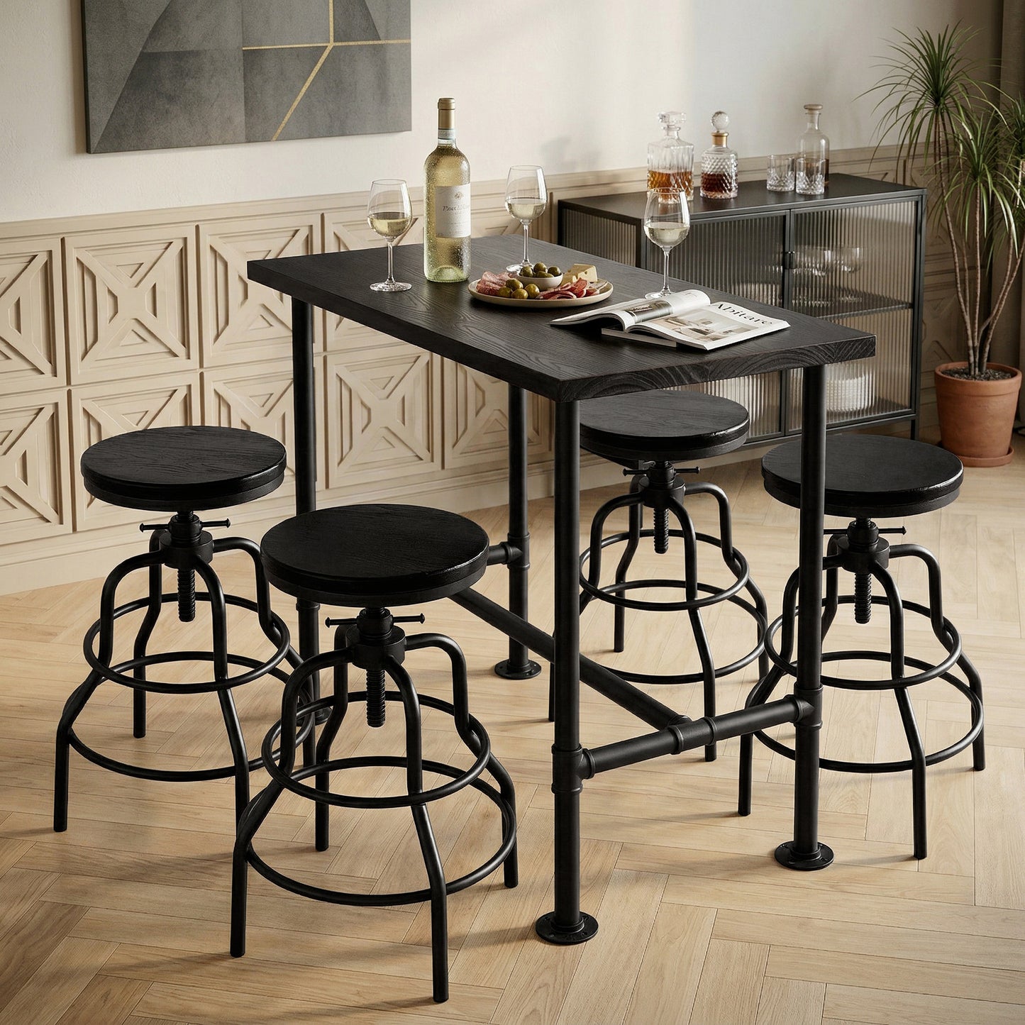 Industrial Bar Table and 4 Stools Set, Solid Pine Wood with Black Walnut Finish, Fixed Height Bar Height Table with Adjustable Stools for Kitchen, Dining Room, Home Bar & Cafe