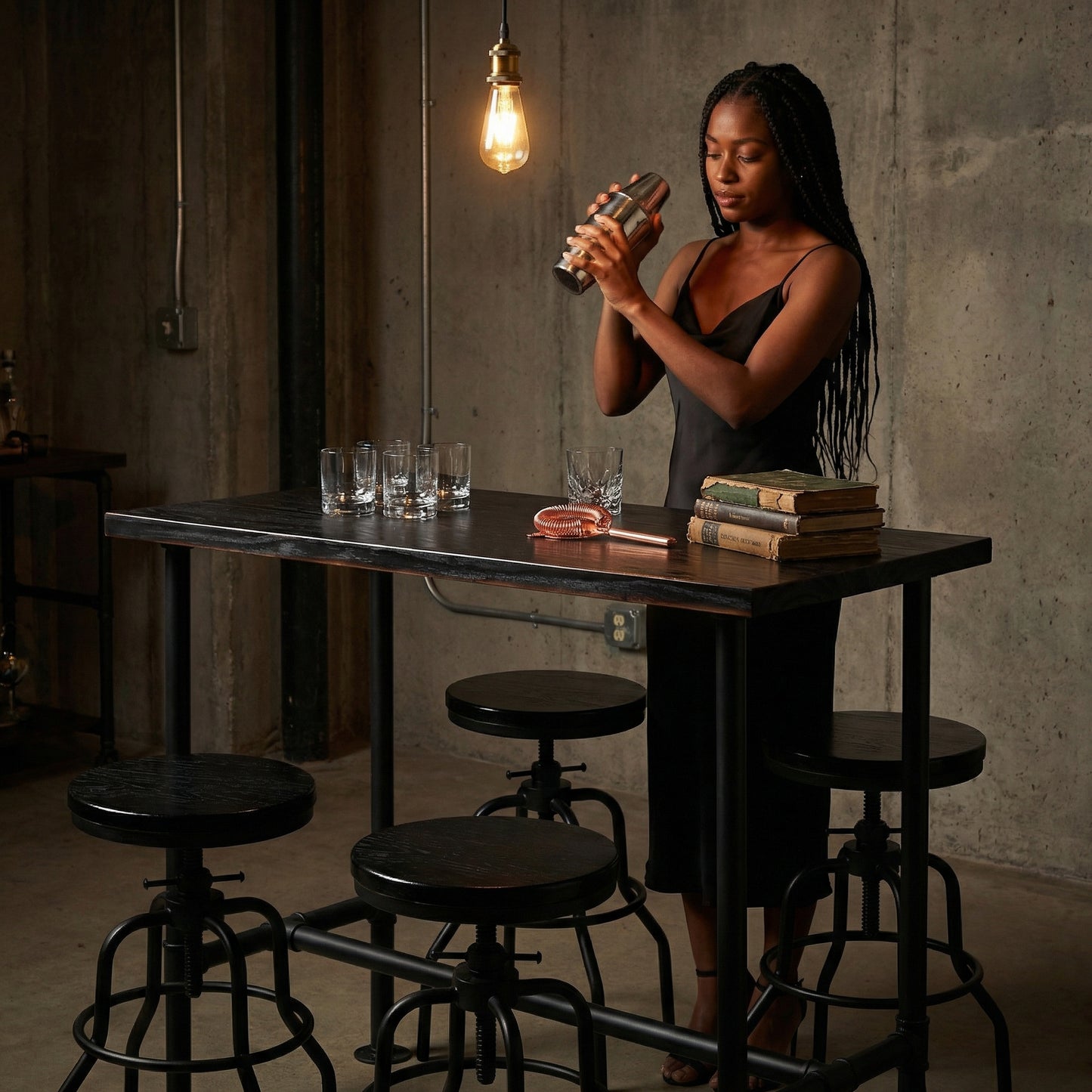 Industrial Bar Table and 4 Stools Set, Solid Pine Wood with Black Walnut Finish, Fixed Height Bar Height Table with Adjustable Stools for Kitchen, Dining Room, Home Bar & Cafe
