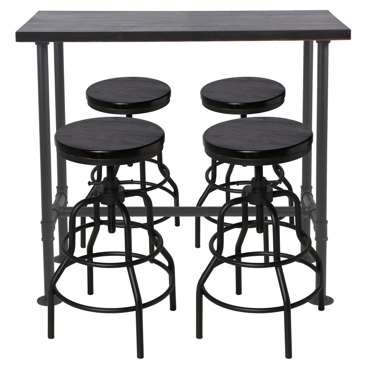 Industrial Bar Table and 4 Stools Set, Solid Pine Wood with Black Walnut Finish, Fixed Height Bar Height Table with Adjustable Stools for Kitchen, Dining Room, Home Bar & Cafe