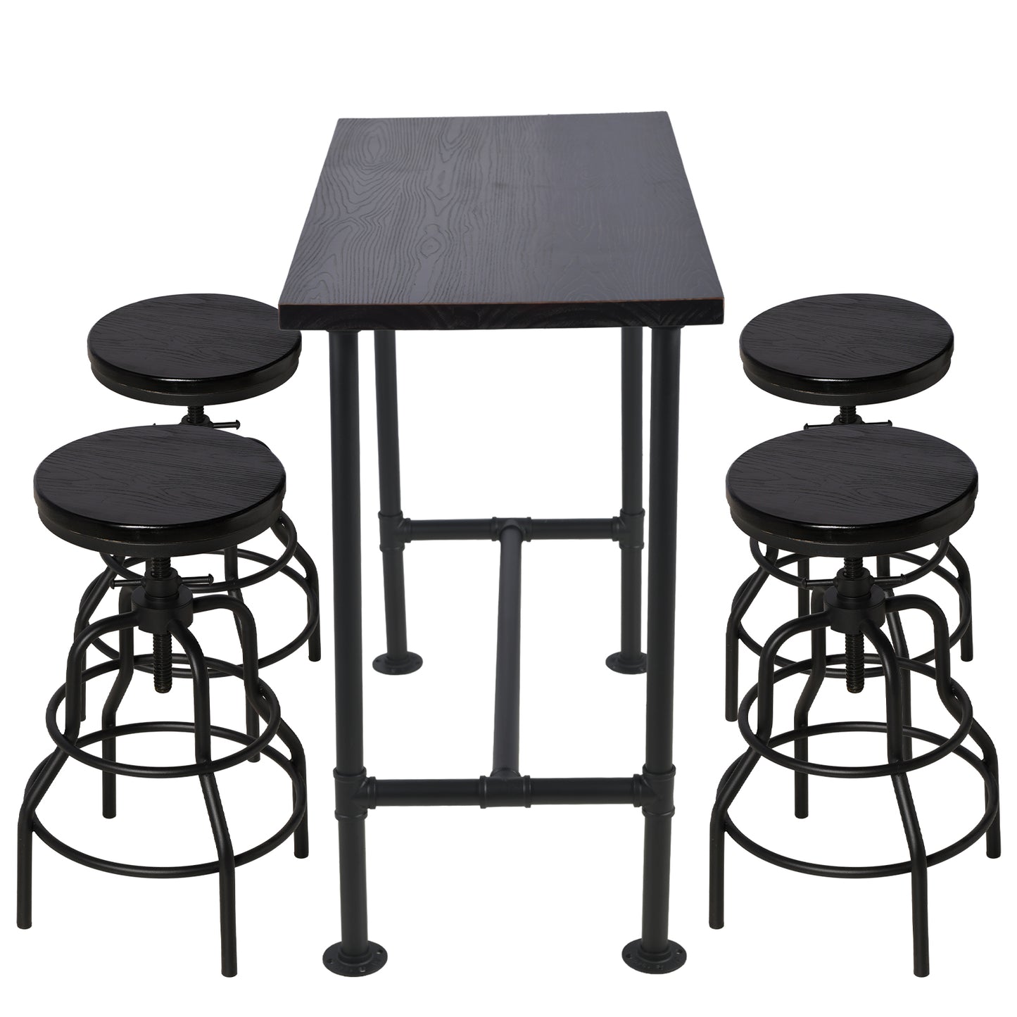 Industrial Bar Table and 4 Stools Set, Solid Pine Wood with Black Walnut Finish, Fixed Height Bar Height Table with Adjustable Stools for Kitchen, Dining Room, Home Bar & Cafe