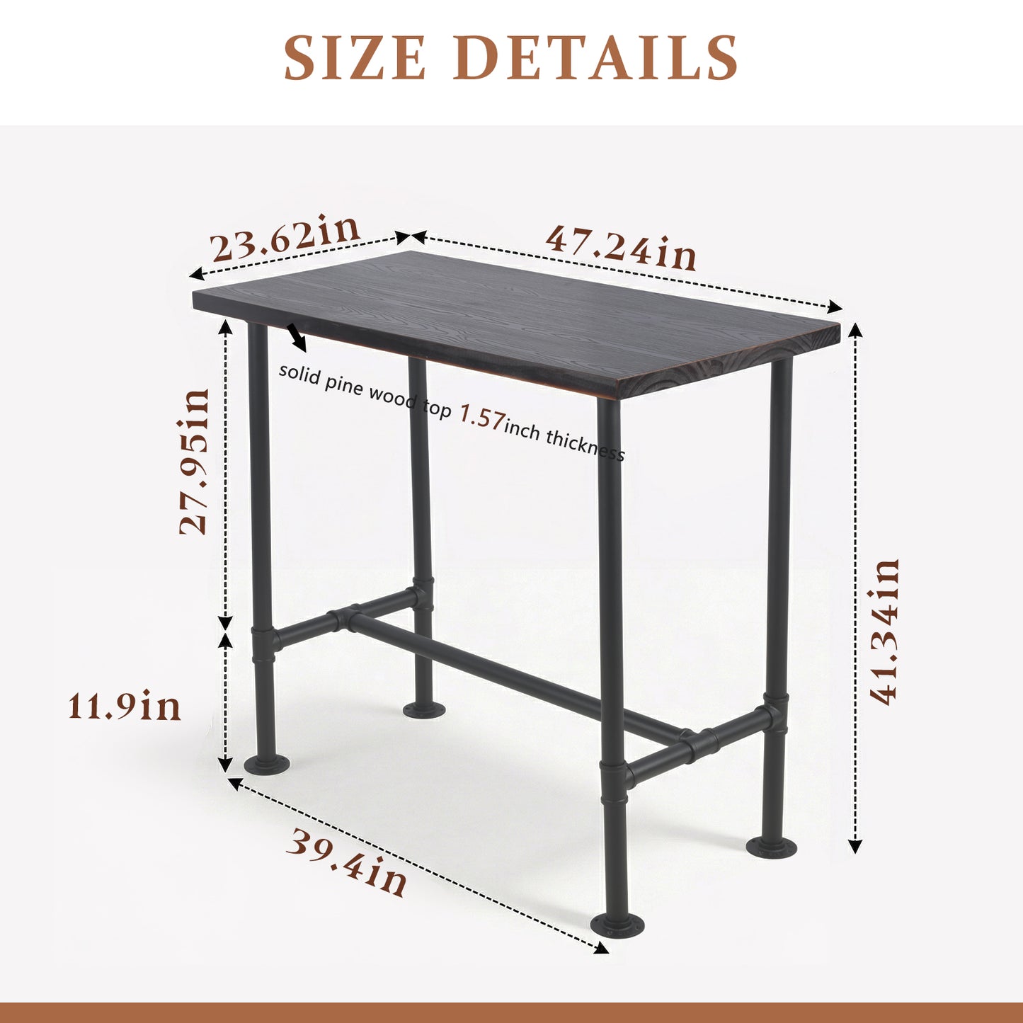 Industrial Bar Table and 4 Stools Set, Solid Pine Wood with Black Walnut Finish, Fixed Height Bar Height Table with Adjustable Stools for Kitchen, Dining Room, Home Bar & Cafe