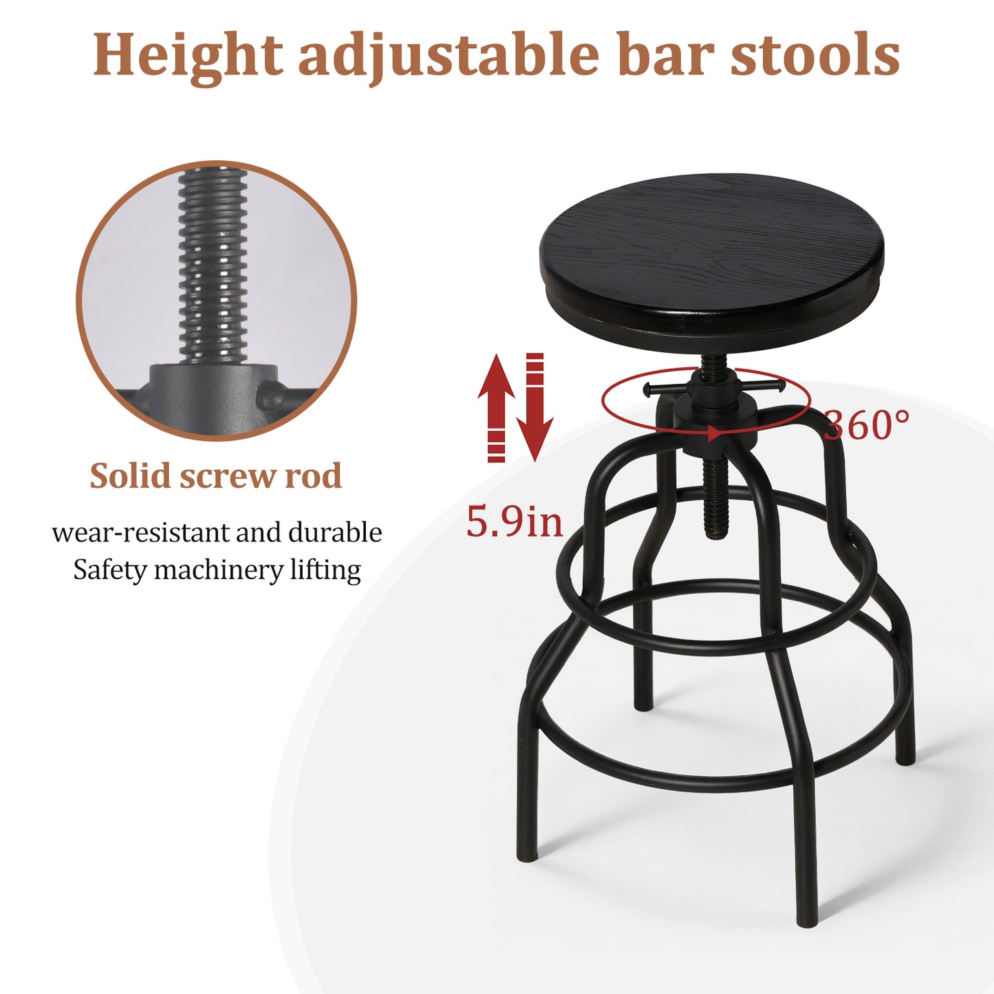 Industrial Bar Table and 4 Stools Set, Solid Pine Wood with Black Walnut Finish, Fixed Height Bar Height Table with Adjustable Stools for Kitchen, Dining Room, Home Bar & Cafe