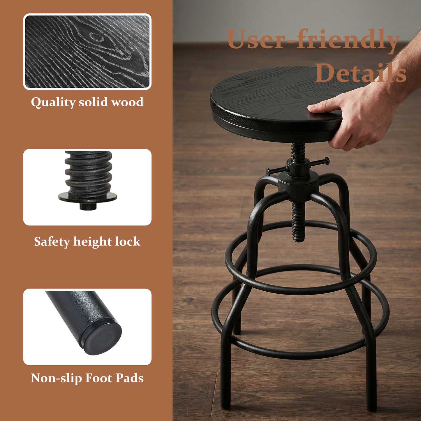 Industrial Bar Table and 4 Stools Set, Solid Pine Wood with Black Walnut Finish, Fixed Height Bar Height Table with Adjustable Stools for Kitchen, Dining Room, Home Bar & Cafe