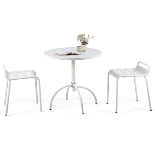Set of 3，Outdoor Patio Metal Dining Table Chair Sets，29.5'' H Round Marbling Metal Table and 2 Chairs with low-back for Patio, Deck, Yard, Weather-Resistance-White