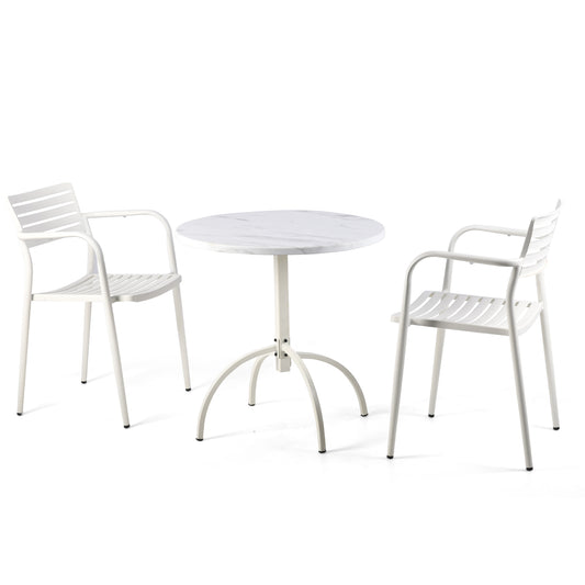 Set of 3，Outdoor Patio Metal Dining Table Chair Sets， 29.5'' H Round Marbling Metal Table and 2 Armrest Stack-able Slat Chairs for Patio, Deck, Yard, Weather-Resistance-White
