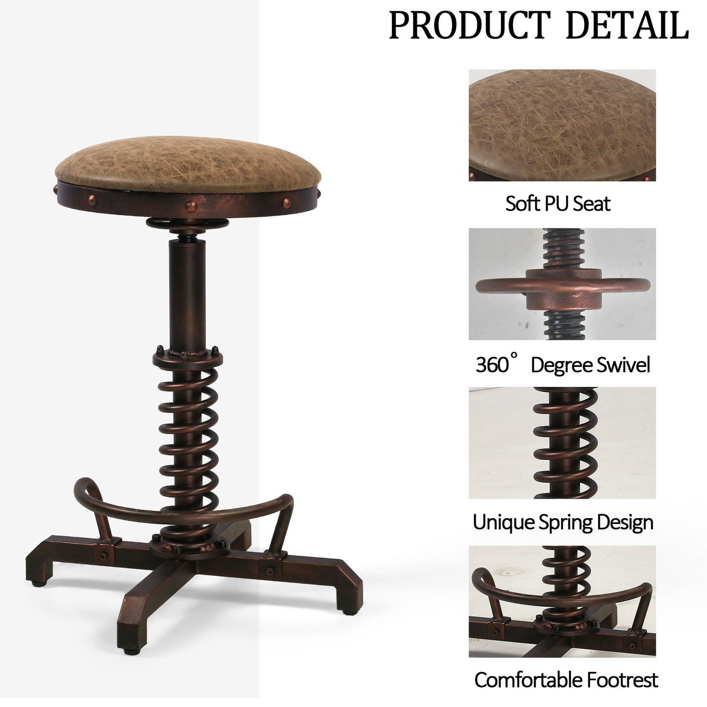 American Antique Steampunk Bar Stool 21.65"-25.59"  Vintage Farm PU Leather Seat Tractor Stool Kitchen Swivel Height Adjustable bar Stool （COPPER）
