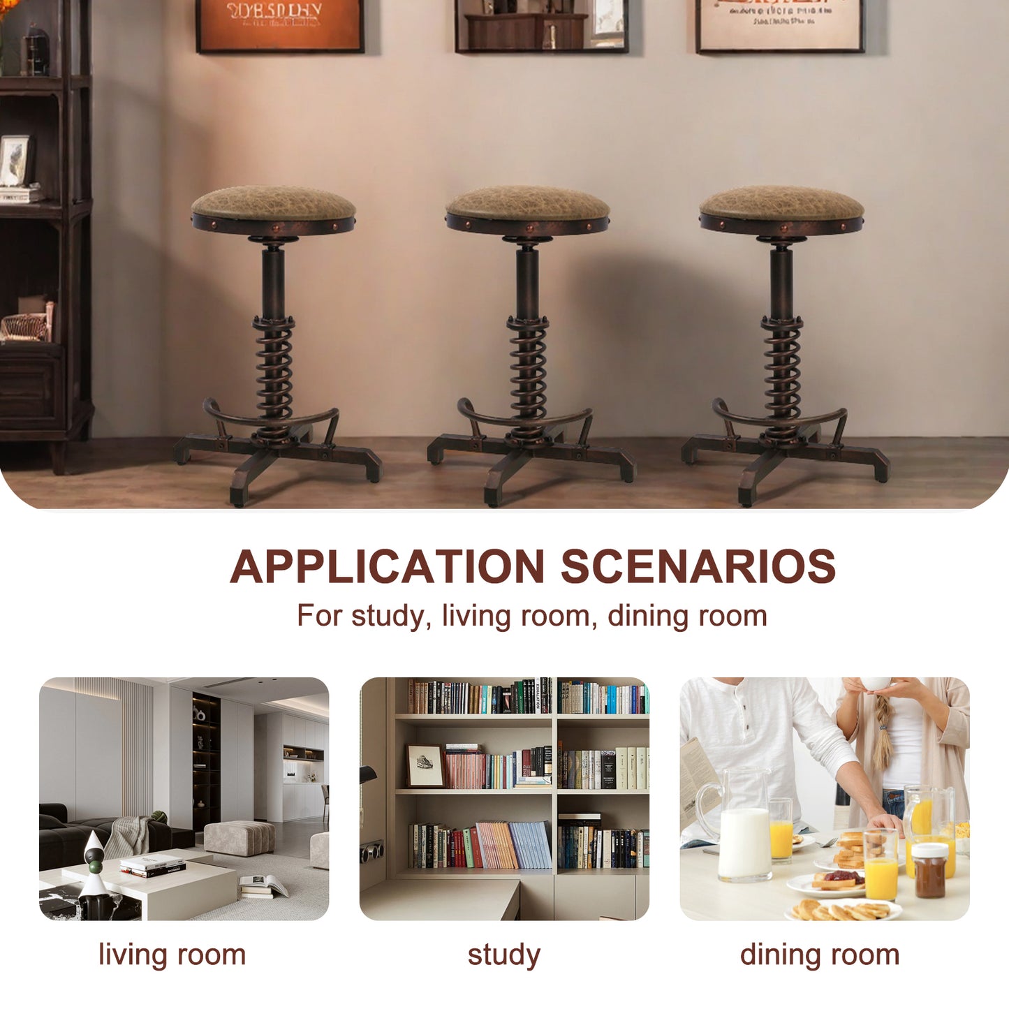 American Antique Steampunk Bar Stool 21.65"-25.59"  Vintage Farm PU Leather Seat Tractor Stool Kitchen Swivel Height Adjustable bar Stool （COPPER）