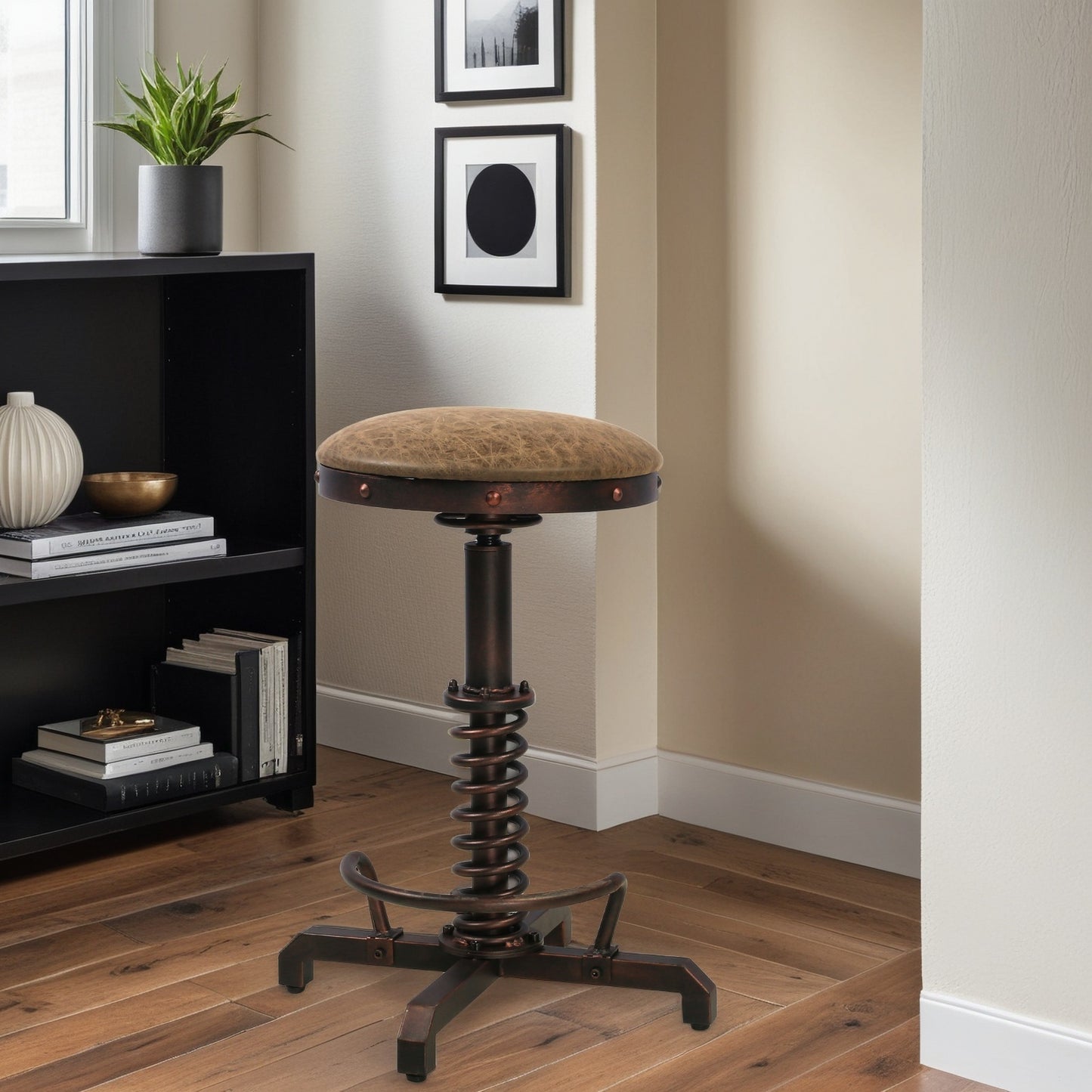 American Antique Steampunk Bar Stool 21.65"-25.59"  Vintage Farm PU Leather Seat Tractor Stool Kitchen Swivel Height Adjustable bar Stool （COPPER）