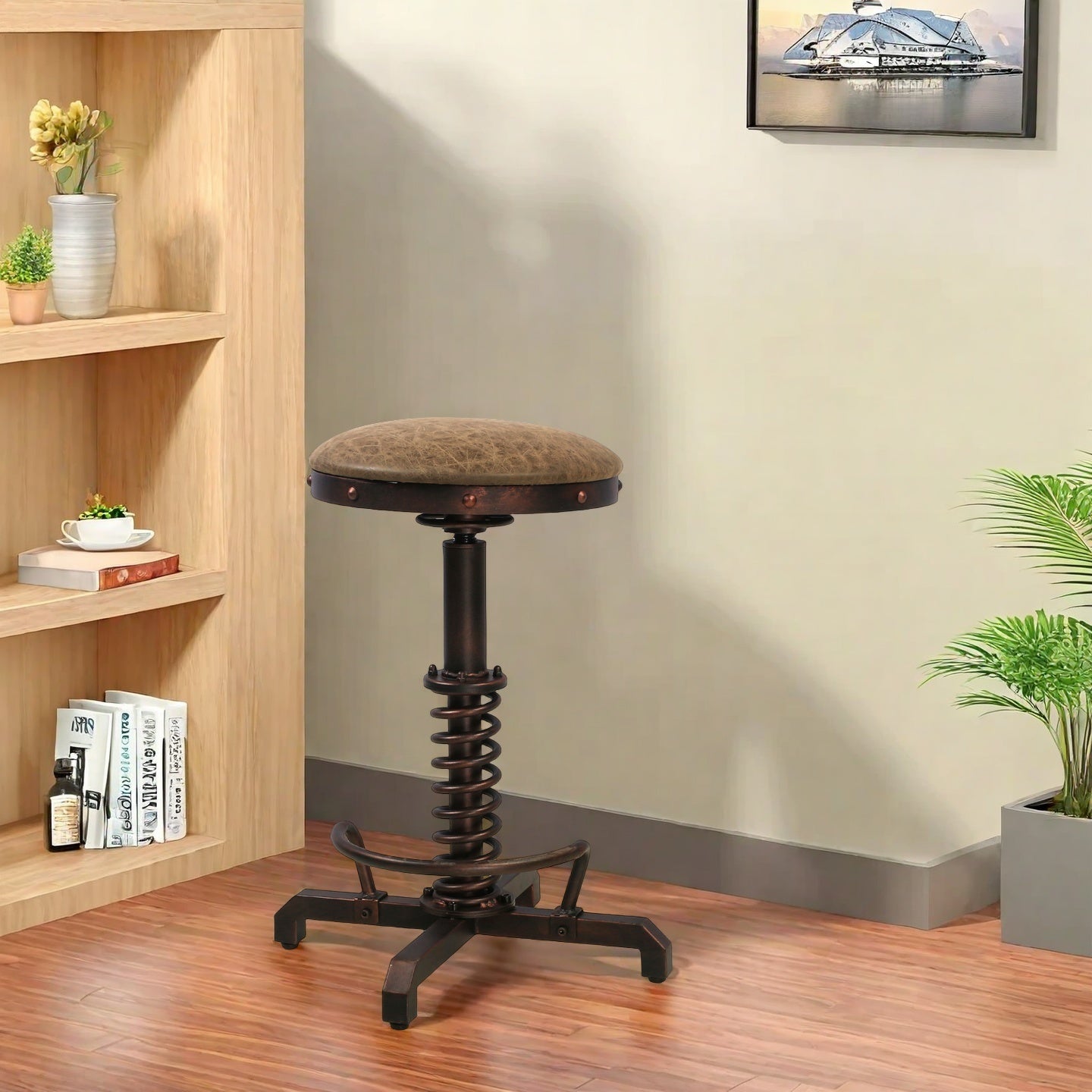 American Antique Steampunk Bar Stool 21.65"-25.59"  Vintage Farm PU Leather Seat Tractor Stool Kitchen Swivel Height Adjustable bar Stool （COPPER）