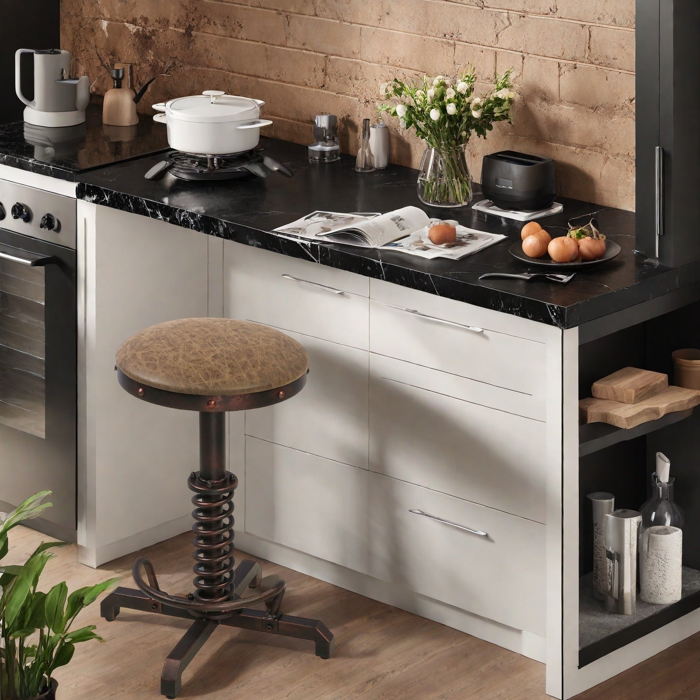 American Antique Steampunk Bar Stool 21.65"-25.59"  Vintage Farm PU Leather Seat Tractor Stool Kitchen Swivel Height Adjustable bar Stool （COPPER）