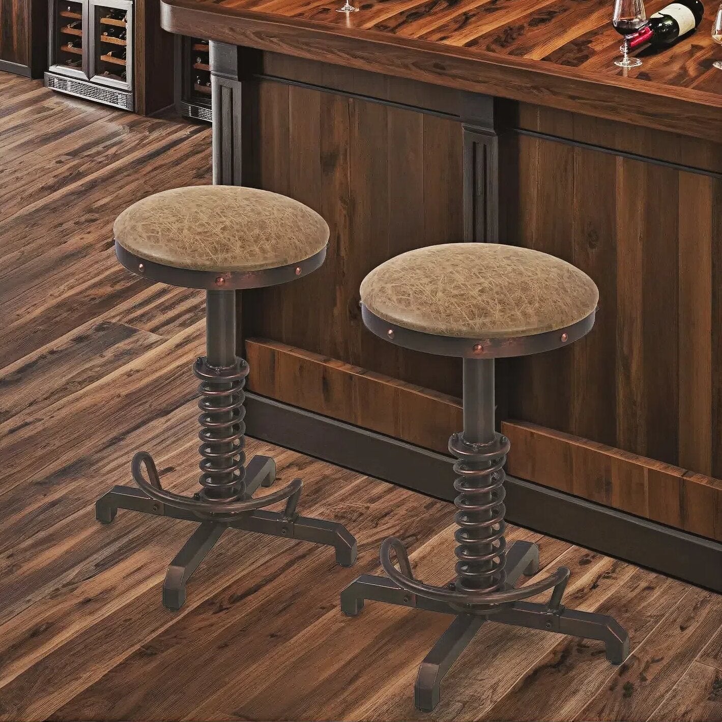 American Antique Steampunk Bar Stool 21.65"-25.59"  Vintage Farm PU Leather Seat Tractor Stool Kitchen Swivel Height Adjustable bar Stool （COPPER）