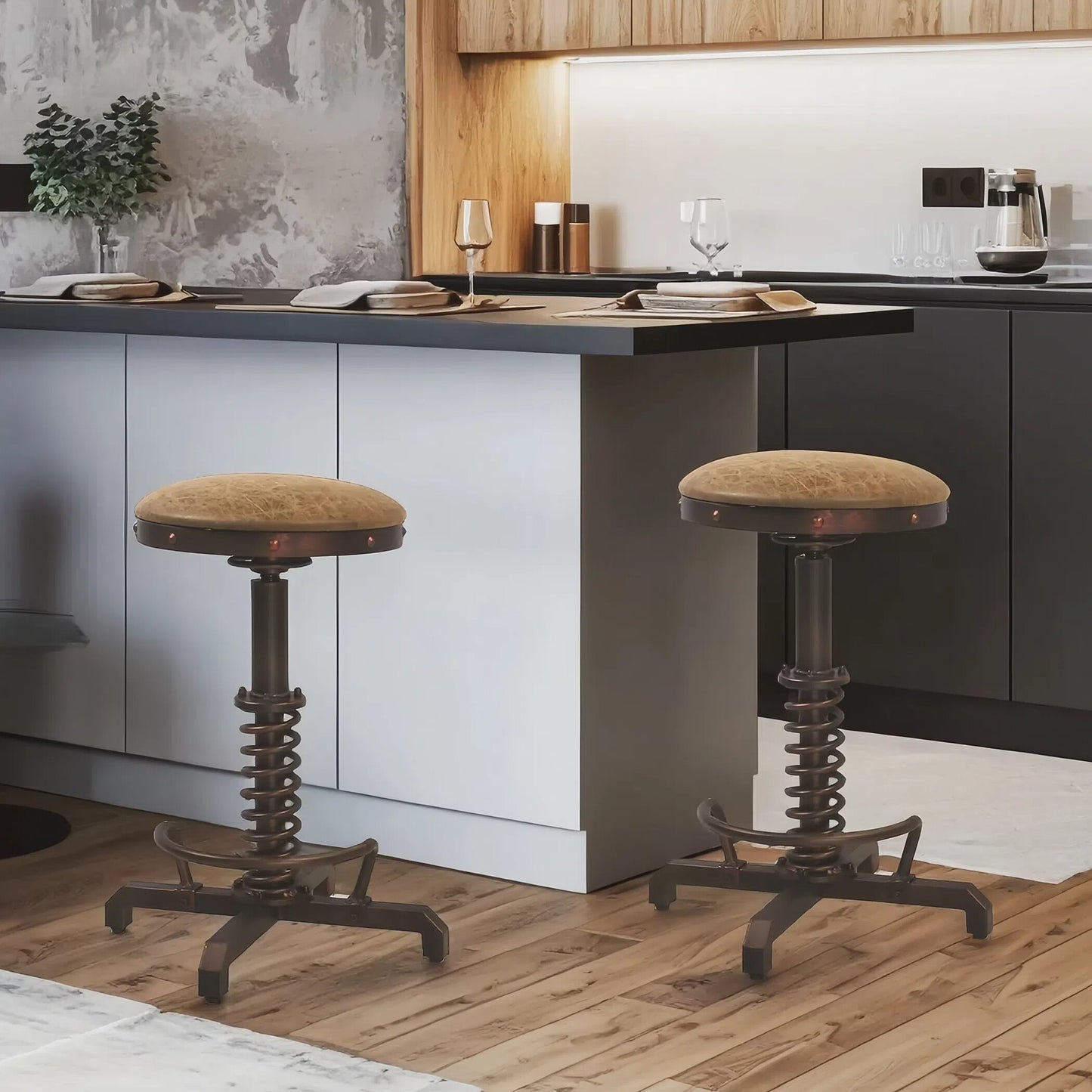 American Antique Steampunk Bar Stool 21.65"-25.59"  Vintage Farm PU Leather Seat Tractor Stool Kitchen Swivel Height Adjustable bar Stool （COPPER）