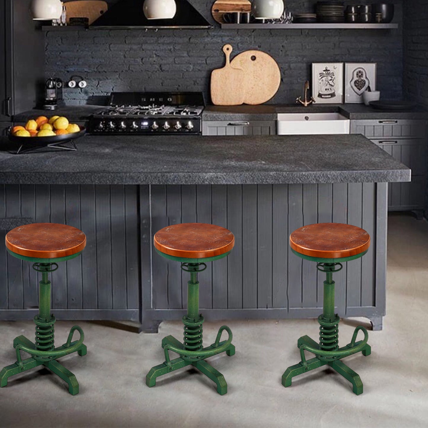 American Antique Steampunk Bar Stool 20.47"-24.41"  Vintage Farm Wooden Seat Tractor Stool Kitchen Swivel Height Adjustable bar Stool （Antique Green）