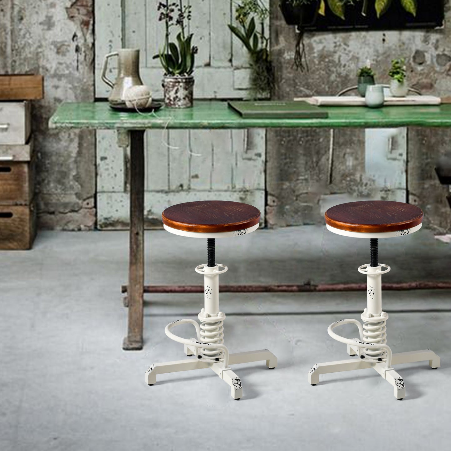 American Antique Steampunk Bar Stool 20.47"-24.41"  Vintage Farm Wooden Seat Tractor Stool Kitchen Swivel Height Adjustable bar Stool （Antique White）