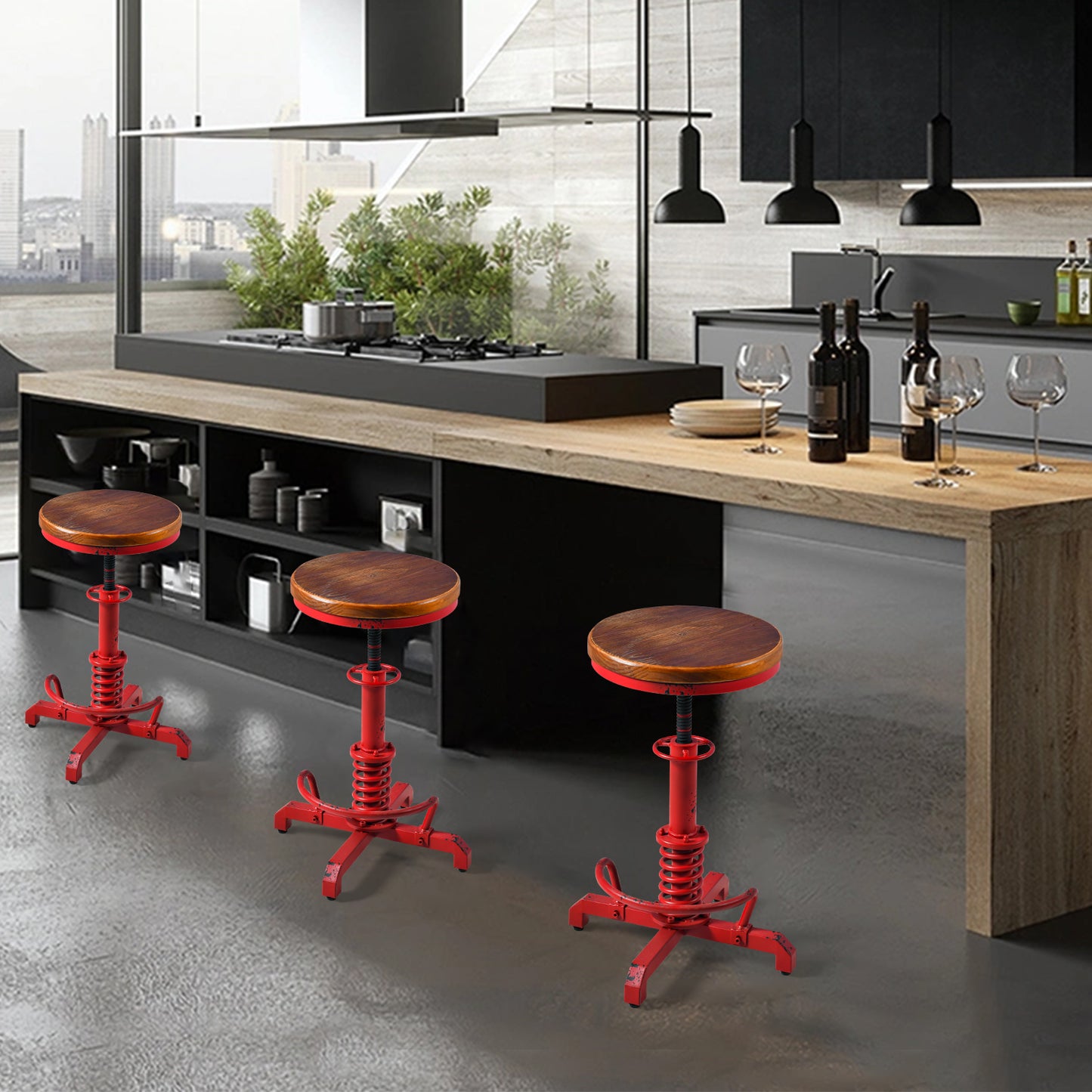 American Antique Steampunk Bar Stool 20.47"-24.41"  Vintage Farm Wooden Seat Tractor Stool Kitchen Swivel Height Adjustable bar Stool （Antique Red）