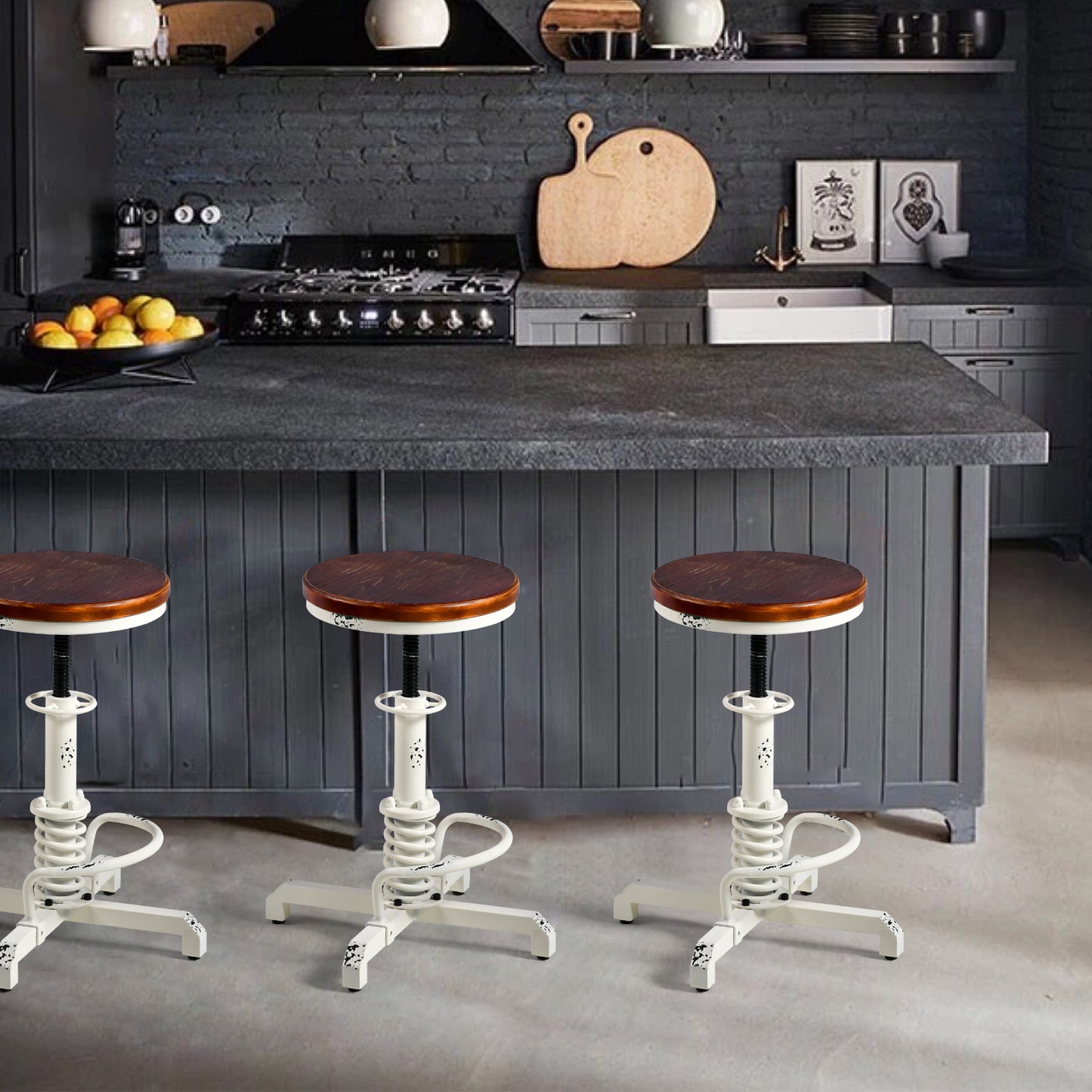 American Antique Steampunk Bar Stool 20.47"-24.41"  Vintage Farm Wooden Seat Tractor Stool Kitchen Swivel Height Adjustable bar Stool （Antique White）