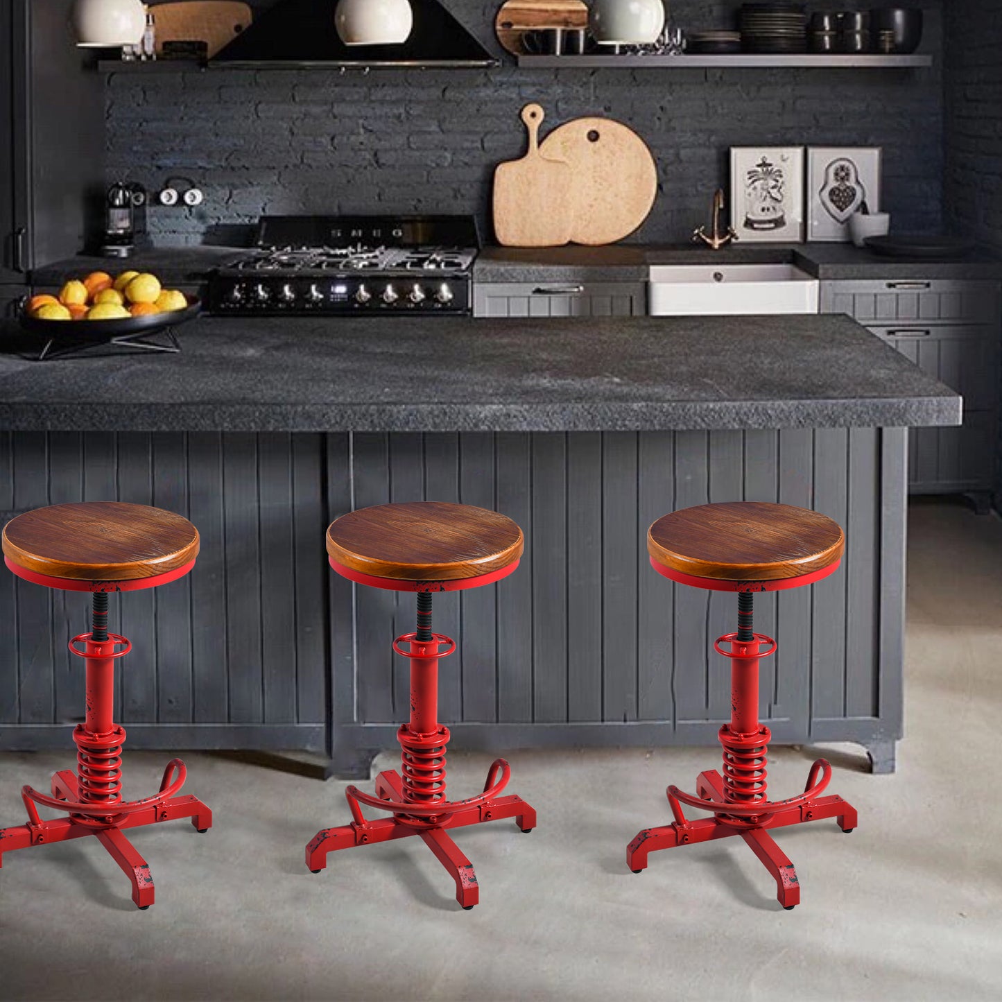 American Antique Steampunk Bar Stool 20.47"-24.41"  Vintage Farm Wooden Seat Tractor Stool Kitchen Swivel Height Adjustable bar Stool （Antique Red）