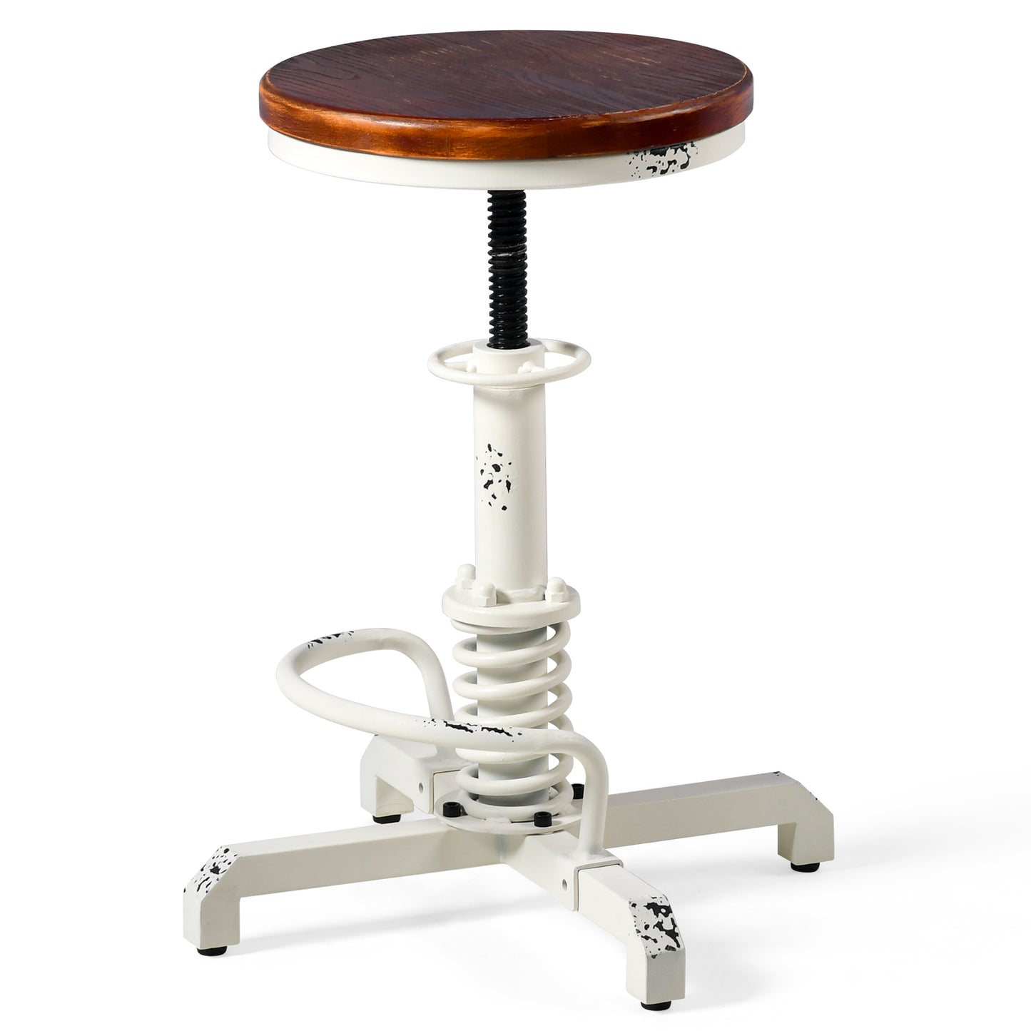 American Antique Steampunk Bar Stool 20.47"-24.41"  Vintage Farm Wooden Seat Tractor Stool Kitchen Swivel Height Adjustable bar Stool （Antique White）
