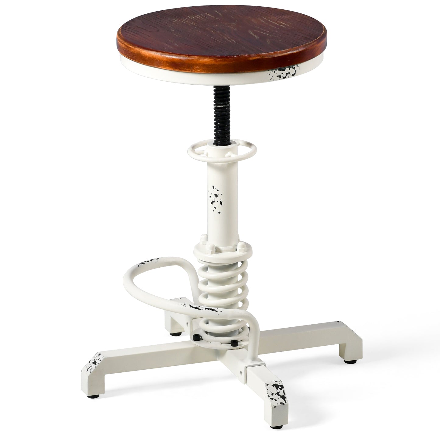 American Antique Steampunk Bar Stool 20.47"-24.41"  Vintage Farm Wooden Seat Tractor Stool Kitchen Swivel Height Adjustable bar Stool （Antique White）