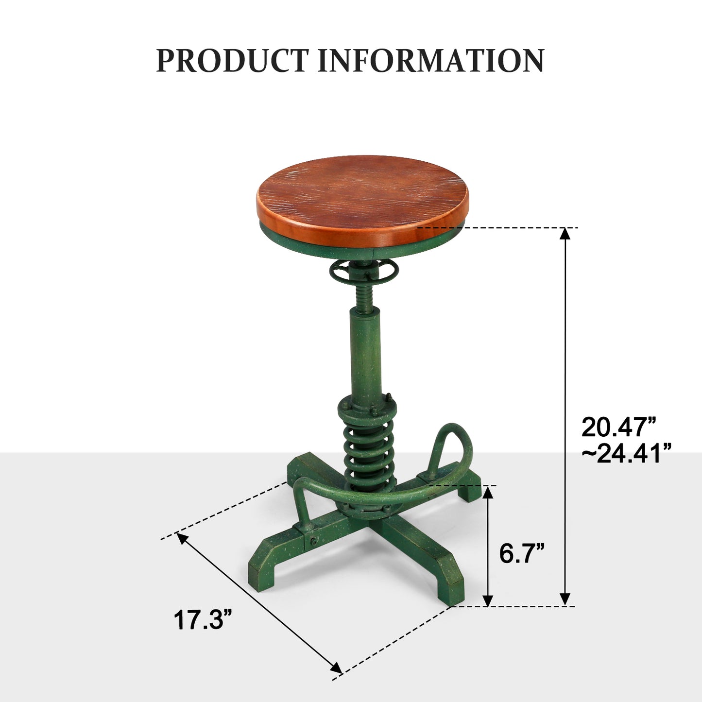 American Antique Steampunk Bar Stool 20.47"-24.41"  Vintage Farm Wooden Seat Tractor Stool Kitchen Swivel Height Adjustable bar Stool （Antique Green）