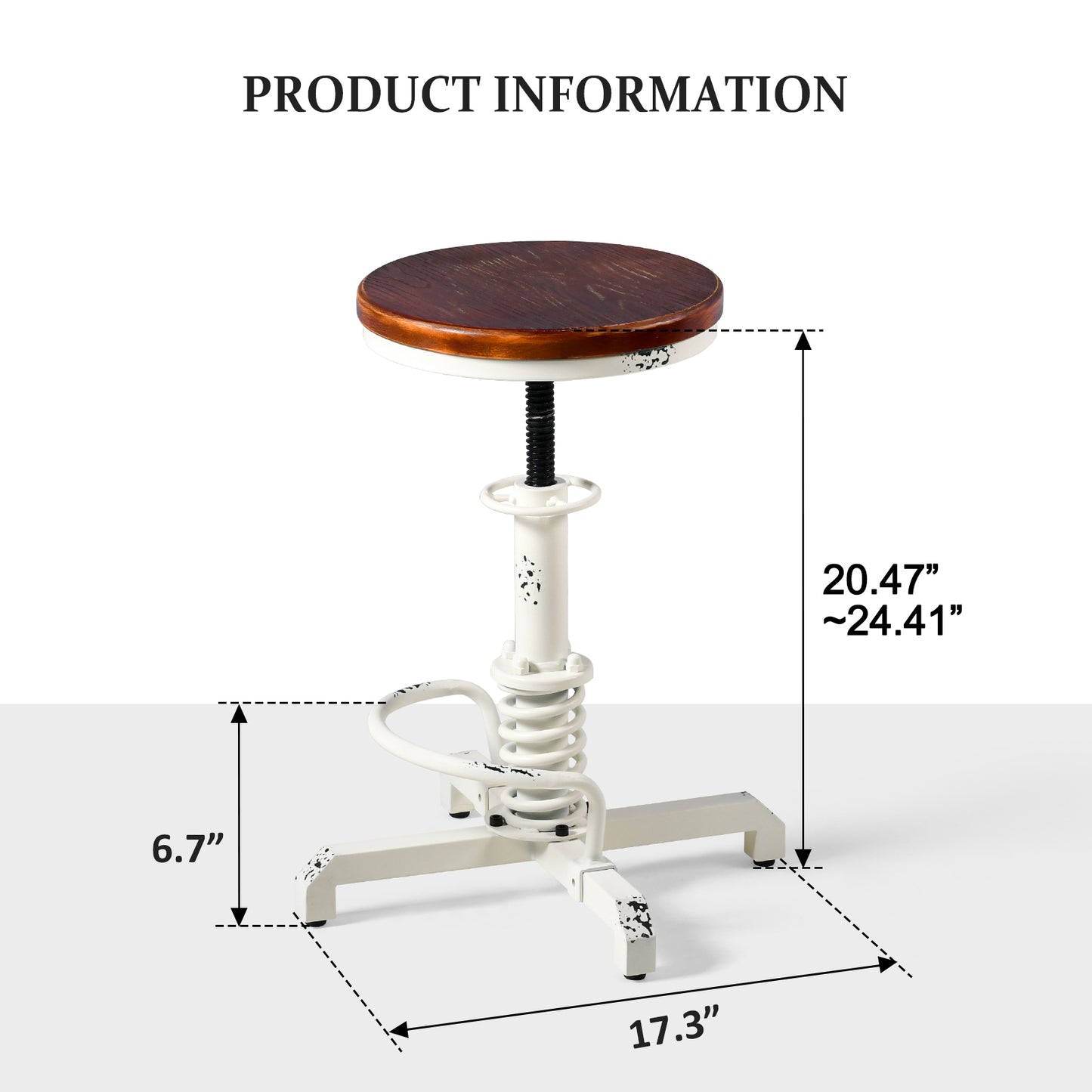 American Antique Steampunk Bar Stool 20.47"-24.41"  Vintage Farm Wooden Seat Tractor Stool Kitchen Swivel Height Adjustable bar Stool （Antique White）