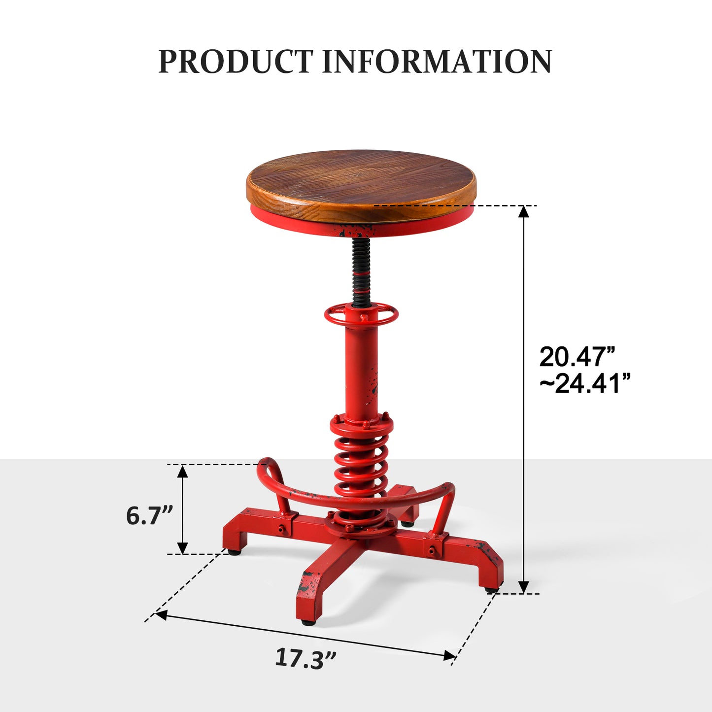 American Antique Steampunk Bar Stool 20.47"-24.41"  Vintage Farm Wooden Seat Tractor Stool Kitchen Swivel Height Adjustable bar Stool （Antique Red）