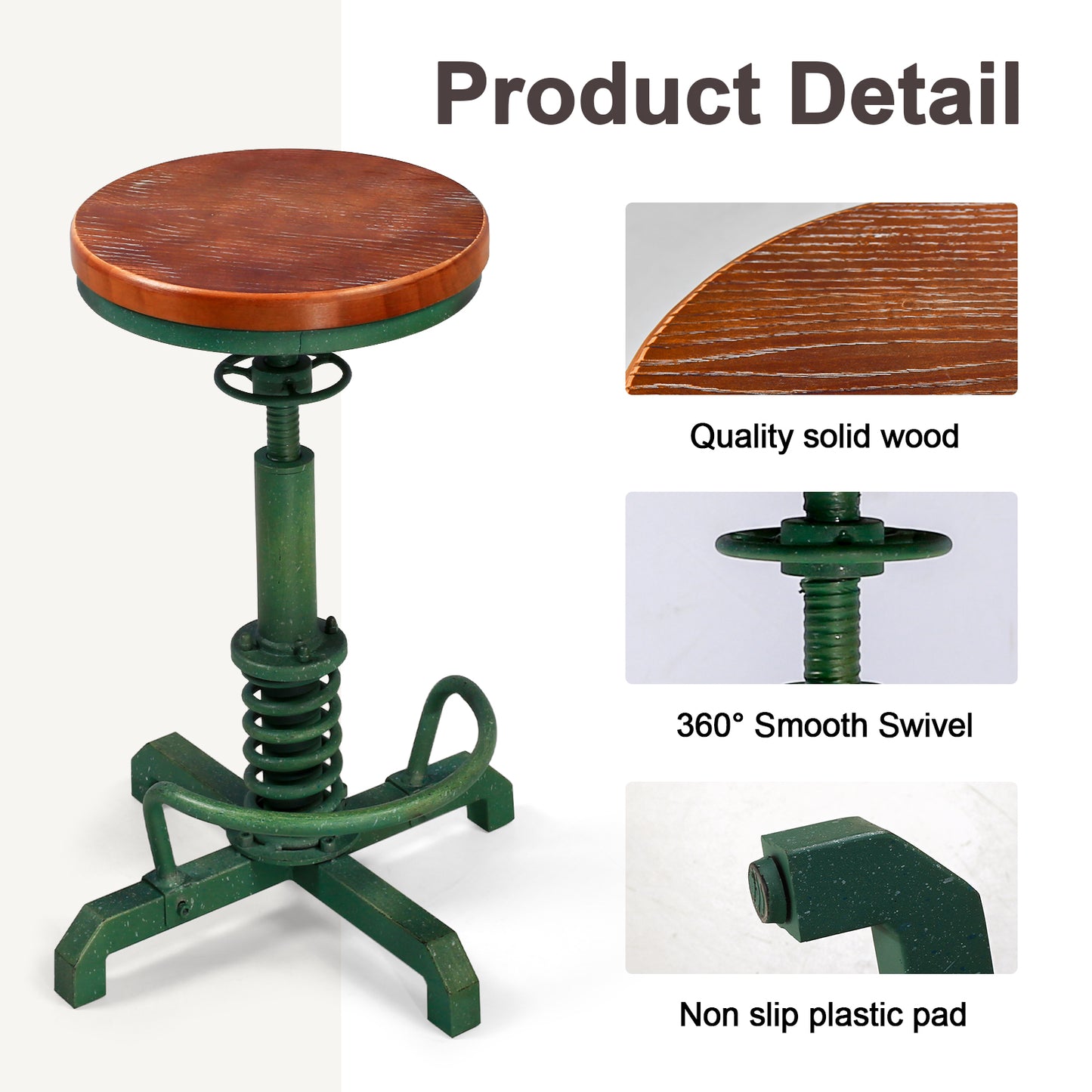 American Antique Steampunk Bar Stool 20.47"-24.41"  Vintage Farm Wooden Seat Tractor Stool Kitchen Swivel Height Adjustable bar Stool （Antique Green）