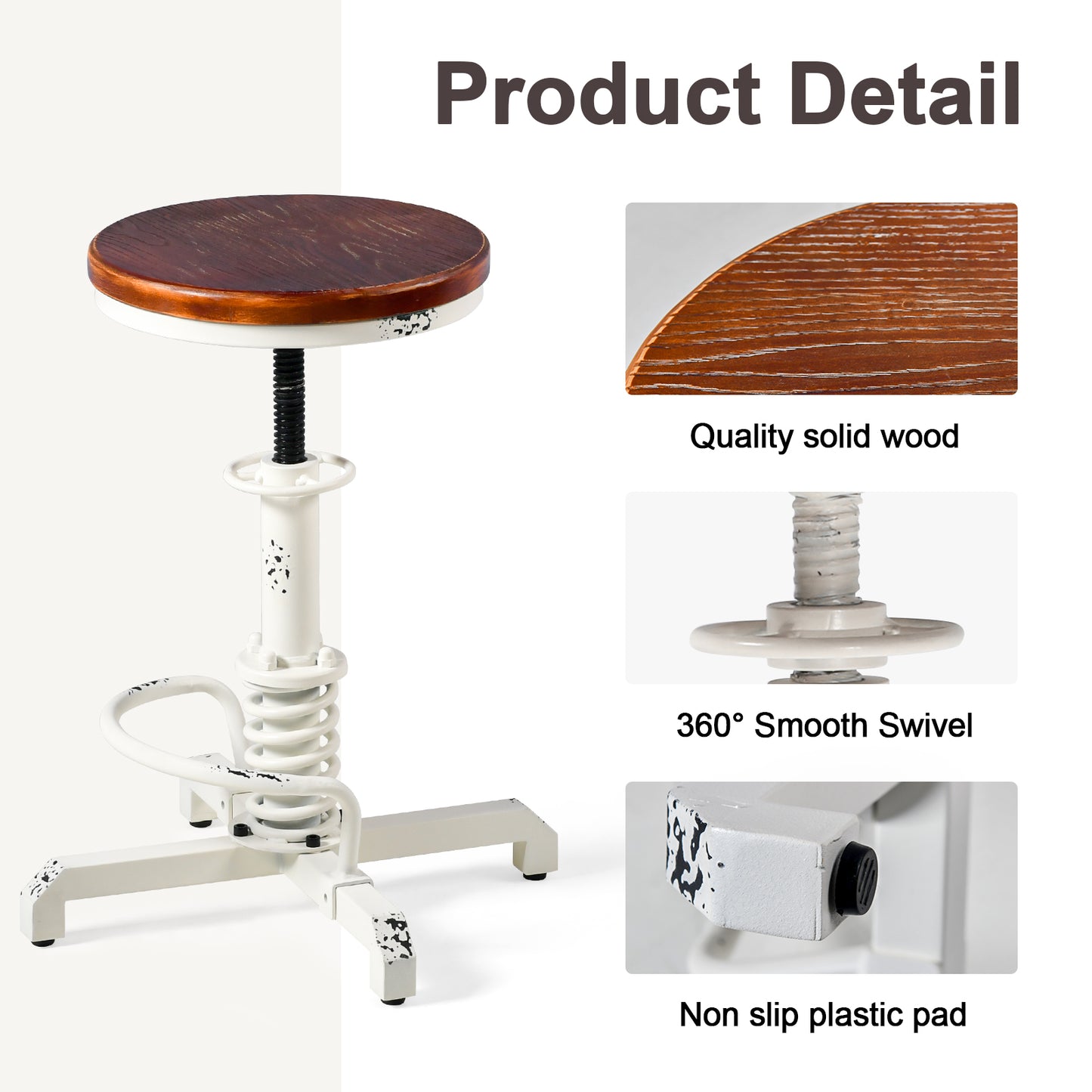 American Antique Steampunk Bar Stool 20.47"-24.41"  Vintage Farm Wooden Seat Tractor Stool Kitchen Swivel Height Adjustable bar Stool （Antique White）