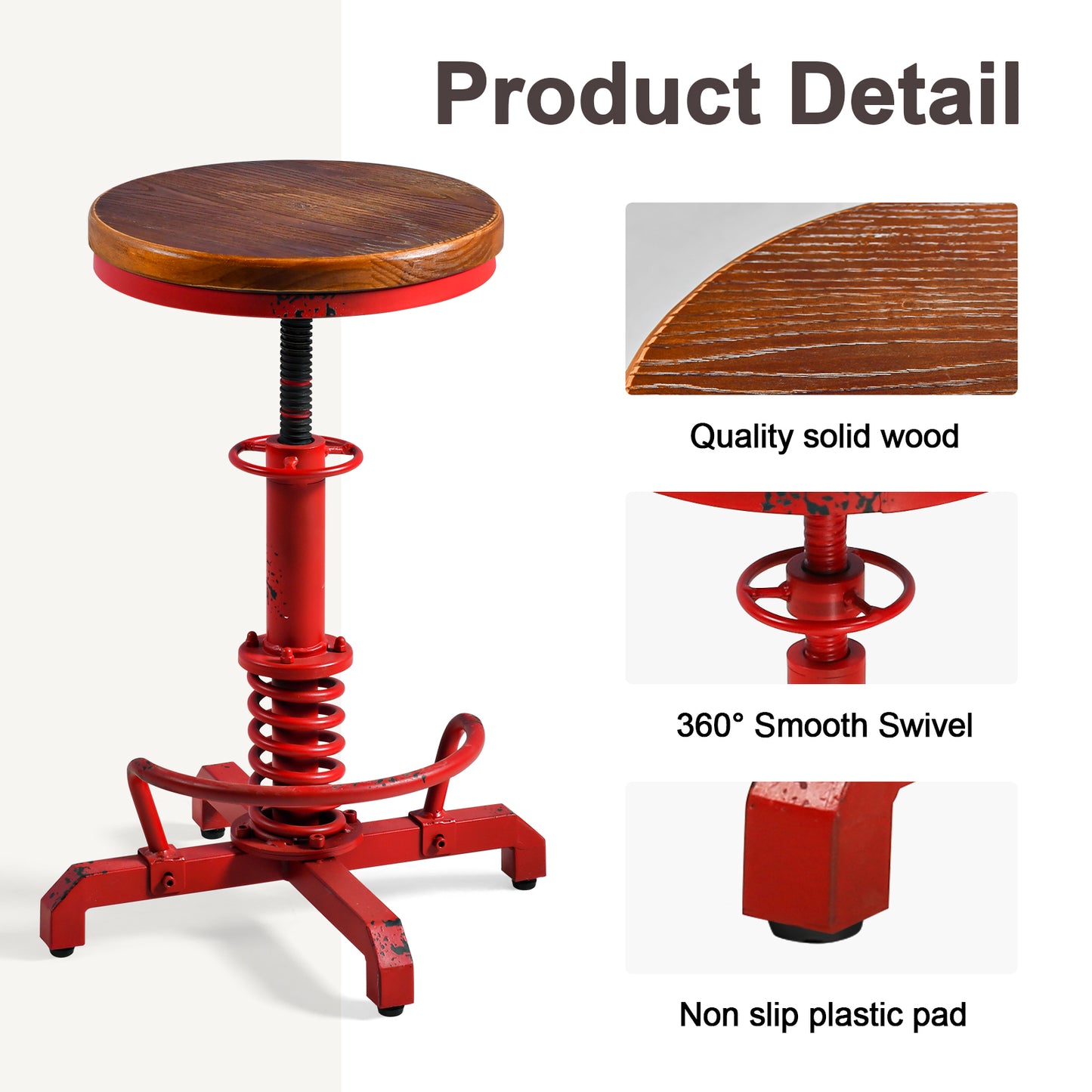 American Antique Steampunk Bar Stool 20.47"-24.41"  Vintage Farm Wooden Seat Tractor Stool Kitchen Swivel Height Adjustable bar Stool （Antique Red）