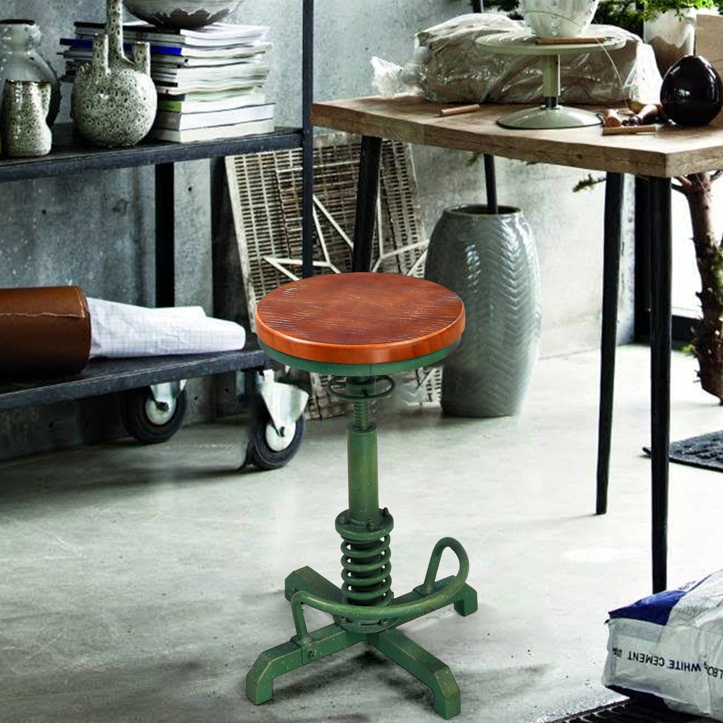 American Antique Steampunk Bar Stool 20.47"-24.41"  Vintage Farm Wooden Seat Tractor Stool Kitchen Swivel Height Adjustable bar Stool （Antique Green）