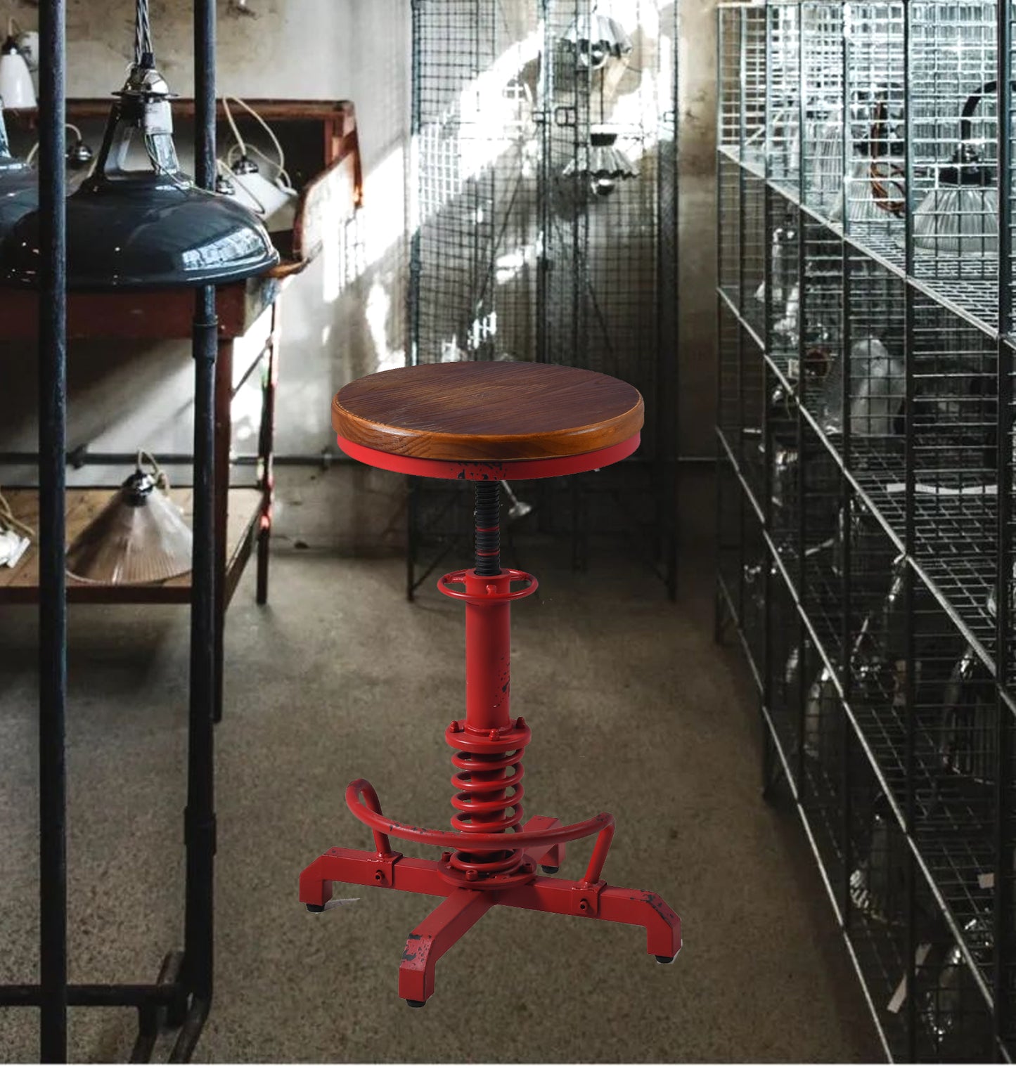 American Antique Steampunk Bar Stool 20.47"-24.41"  Vintage Farm Wooden Seat Tractor Stool Kitchen Swivel Height Adjustable bar Stool （Antique Red）