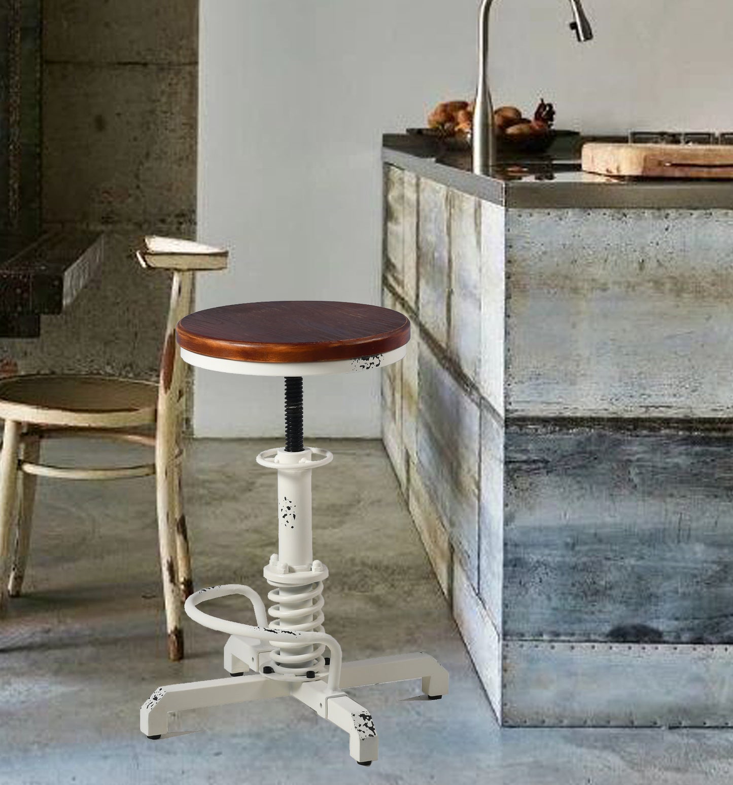 American Antique Steampunk Bar Stool 20.47"-24.41"  Vintage Farm Wooden Seat Tractor Stool Kitchen Swivel Height Adjustable bar Stool （Antique White）