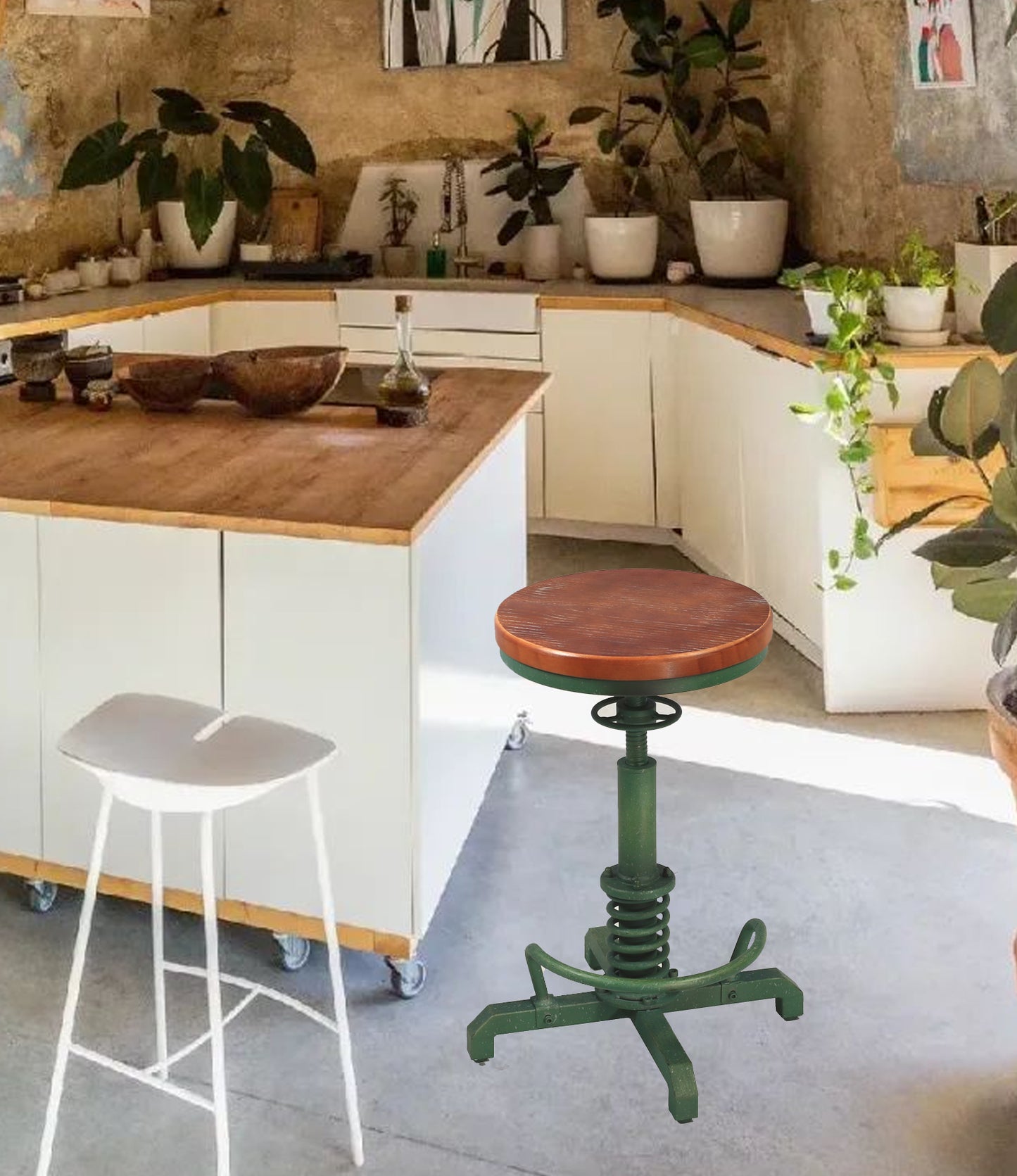 American Antique Steampunk Bar Stool 20.47"-24.41"  Vintage Farm Wooden Seat Tractor Stool Kitchen Swivel Height Adjustable bar Stool （Antique Green）