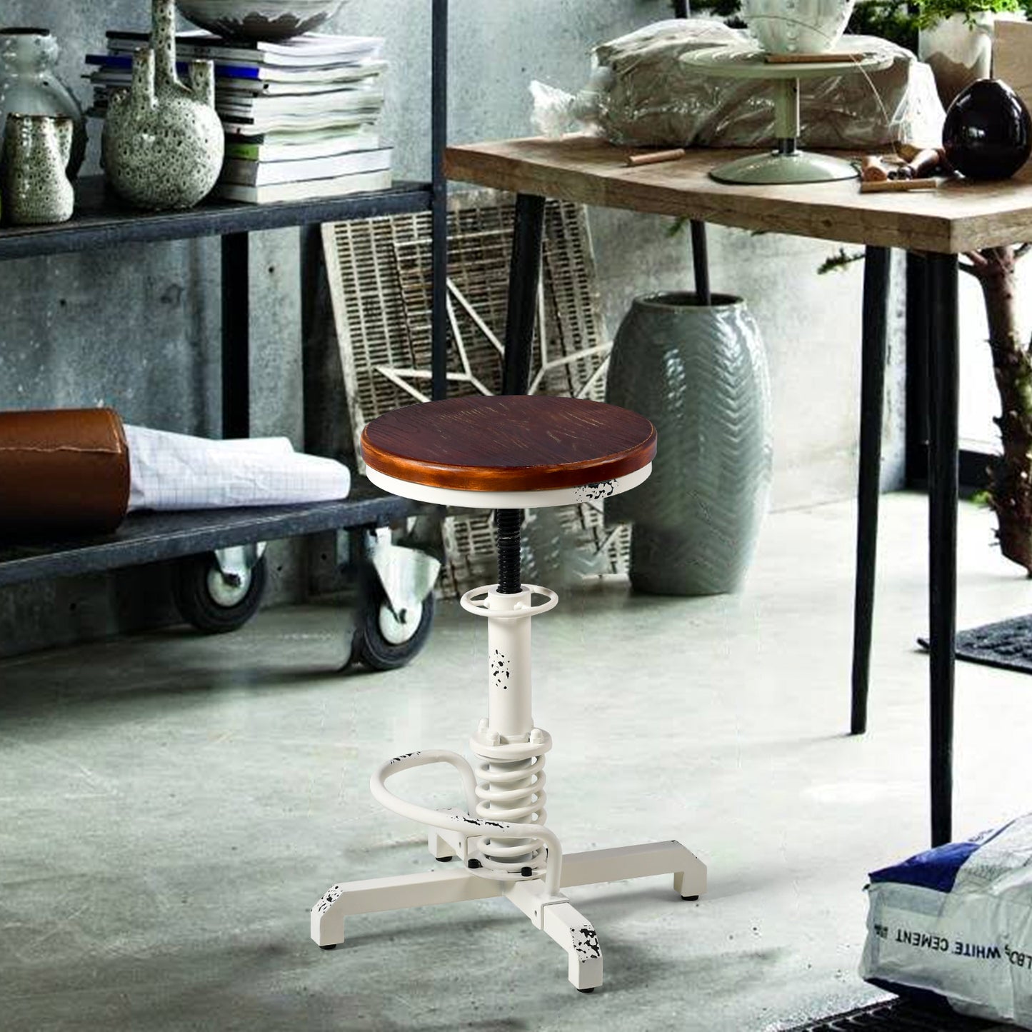 American Antique Steampunk Bar Stool 20.47"-24.41"  Vintage Farm Wooden Seat Tractor Stool Kitchen Swivel Height Adjustable bar Stool （Antique White）