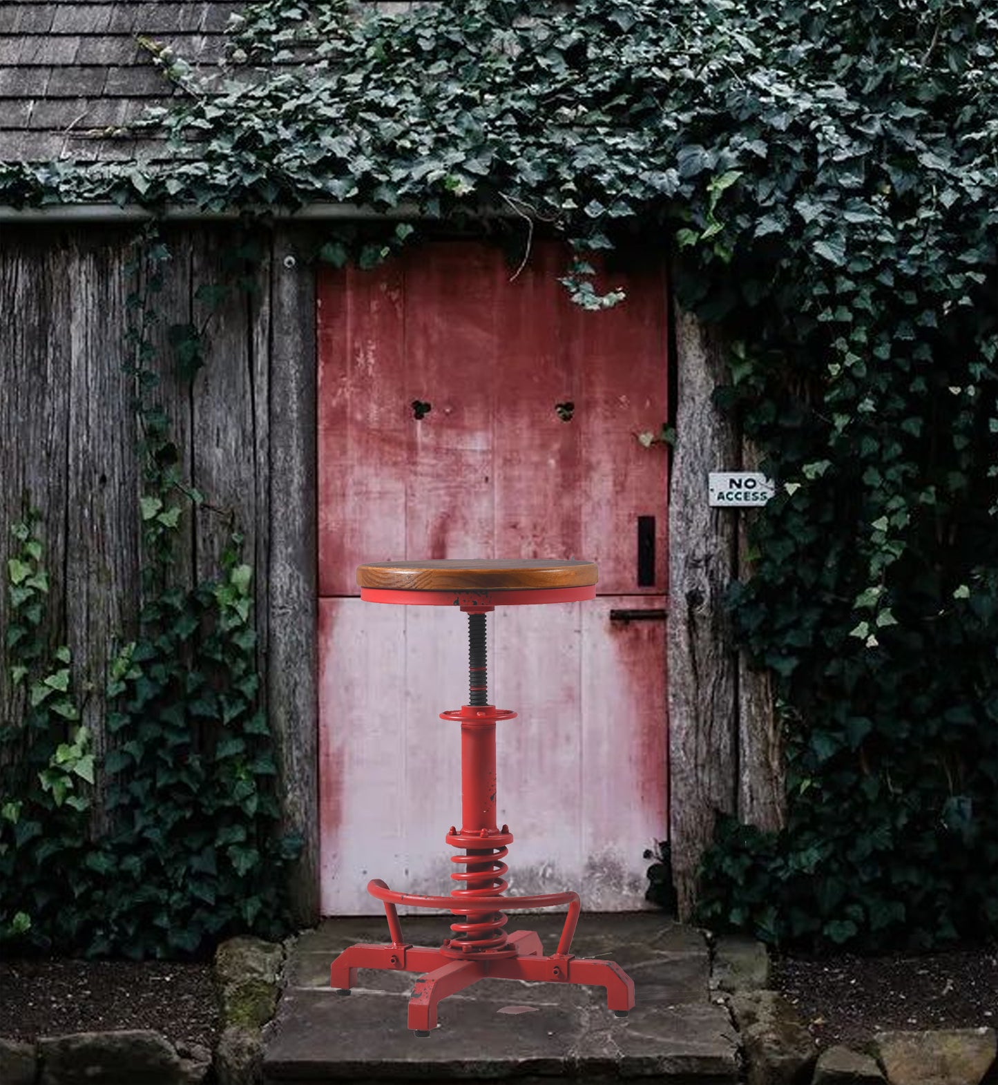 American Antique Steampunk Bar Stool 20.47"-24.41"  Vintage Farm Wooden Seat Tractor Stool Kitchen Swivel Height Adjustable bar Stool （Antique Red）