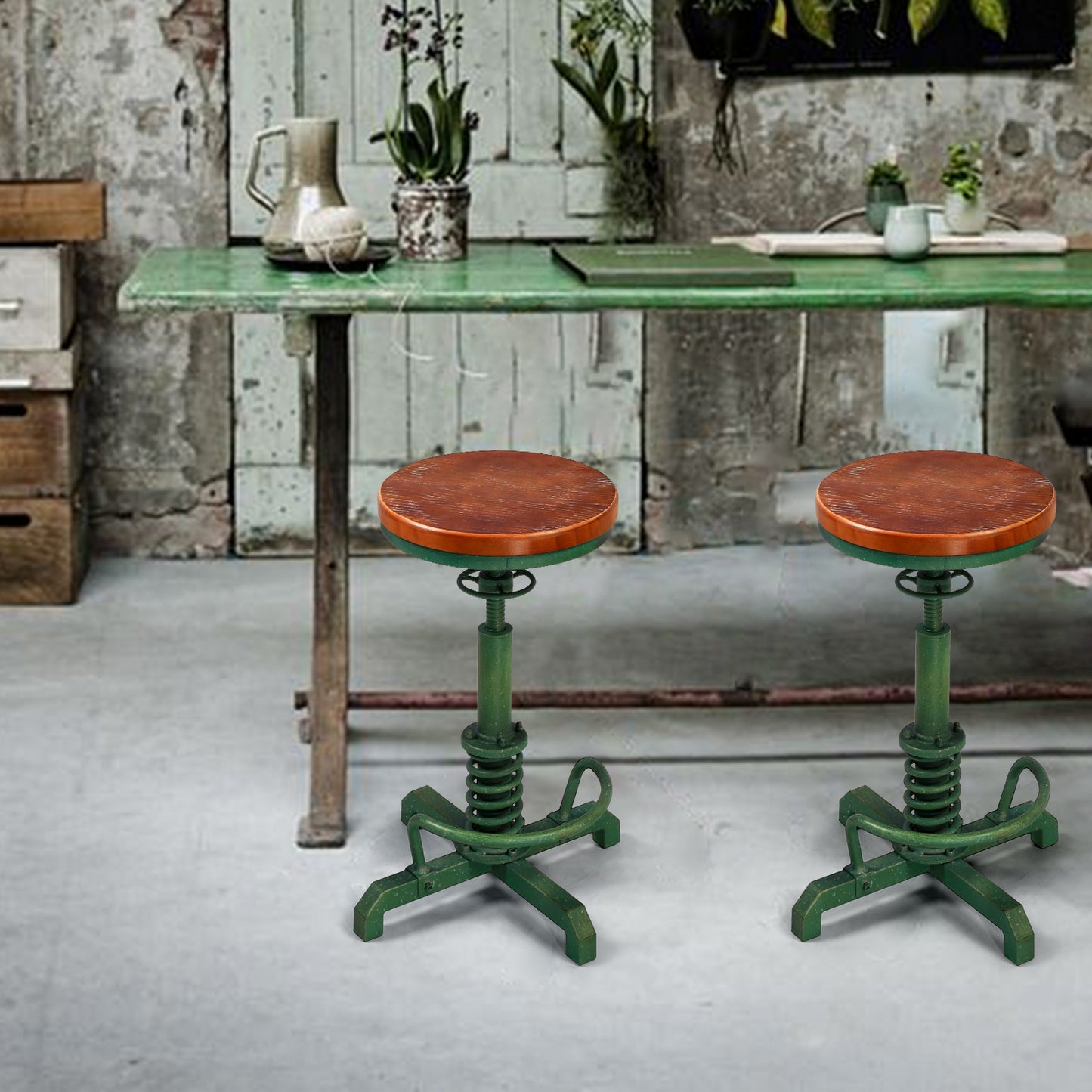 American Antique Steampunk Bar Stool 20.47"-24.41"  Vintage Farm Wooden Seat Tractor Stool Kitchen Swivel Height Adjustable bar Stool （Antique Green）