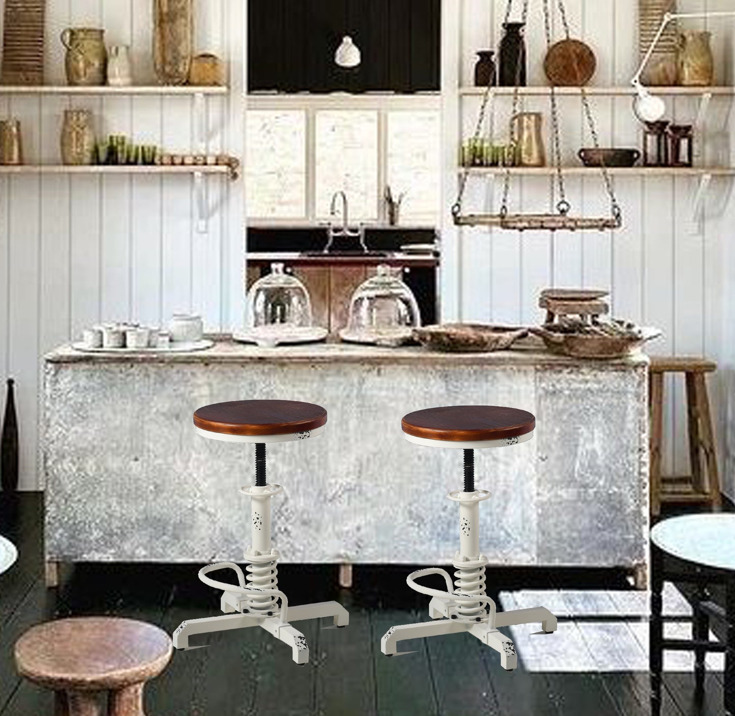 American Antique Steampunk Bar Stool 20.47"-24.41"  Vintage Farm Wooden Seat Tractor Stool Kitchen Swivel Height Adjustable bar Stool （Antique White）
