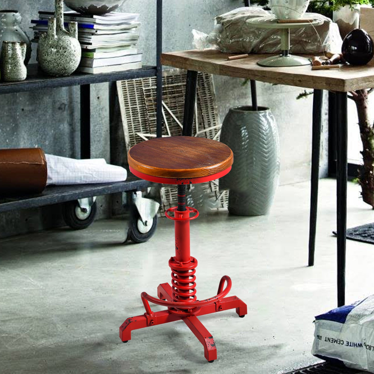 American Antique Steampunk Bar Stool 20.47"-24.41"  Vintage Farm Wooden Seat Tractor Stool Kitchen Swivel Height Adjustable bar Stool （Antique Red）
