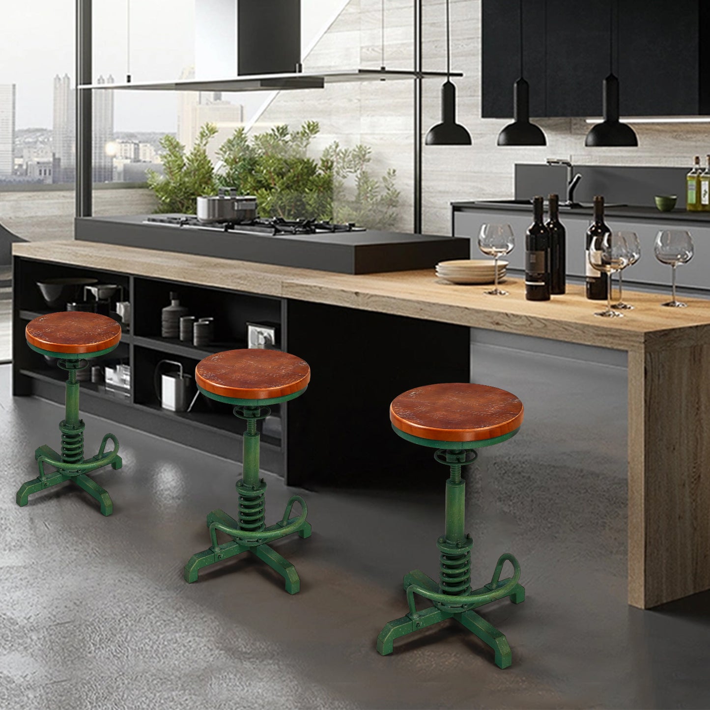American Antique Steampunk Bar Stool 20.47"-24.41"  Vintage Farm Wooden Seat Tractor Stool Kitchen Swivel Height Adjustable bar Stool （Antique Green）