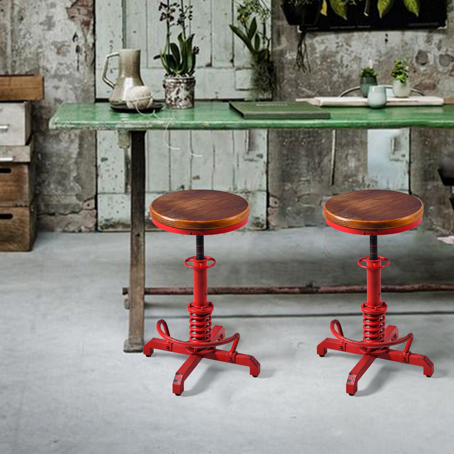 American Antique Steampunk Bar Stool 20.47"-24.41"  Vintage Farm Wooden Seat Tractor Stool Kitchen Swivel Height Adjustable bar Stool （Antique Red）