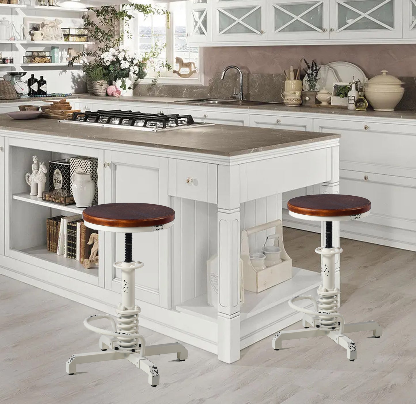 American Antique Steampunk Bar Stool 20.47"-24.41"  Vintage Farm Wooden Seat Tractor Stool Kitchen Swivel Height Adjustable bar Stool （Antique White）
