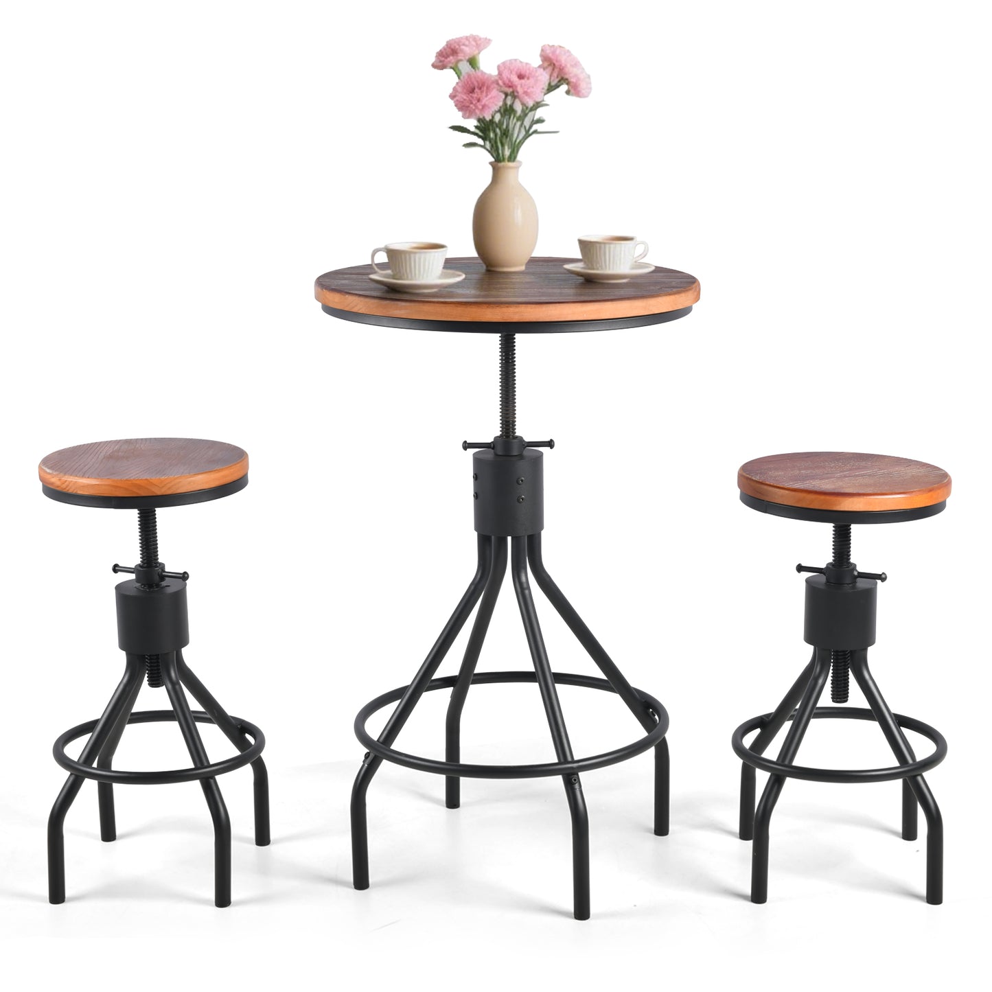 Set OF 3,Industrial Bar Table  Person Rustic Bistro Table with Chairs Vintage Cafe Table Set Farmhouse Breakfast Table Set