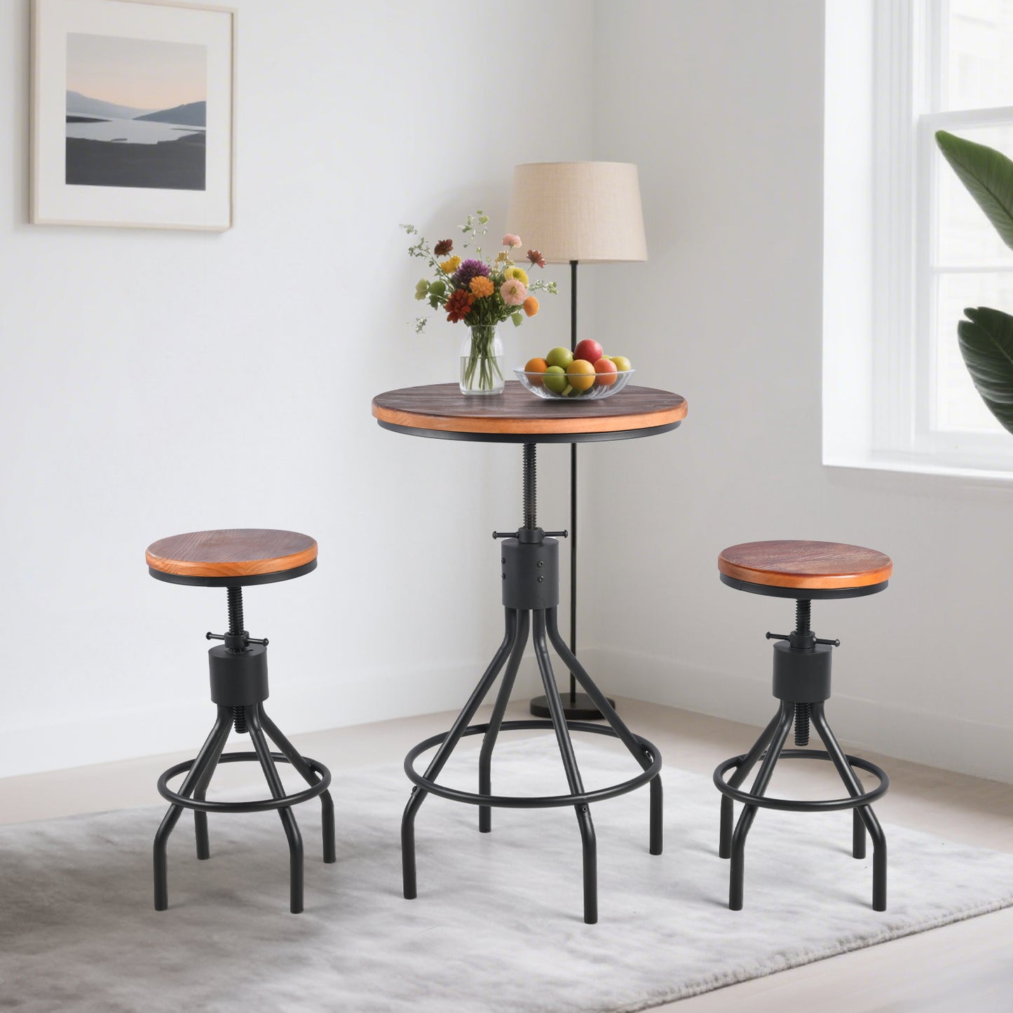 Set OF 3,Industrial Bar Table  Person Rustic Bistro Table with Chairs Vintage Cafe Table Set Farmhouse Breakfast Table Set