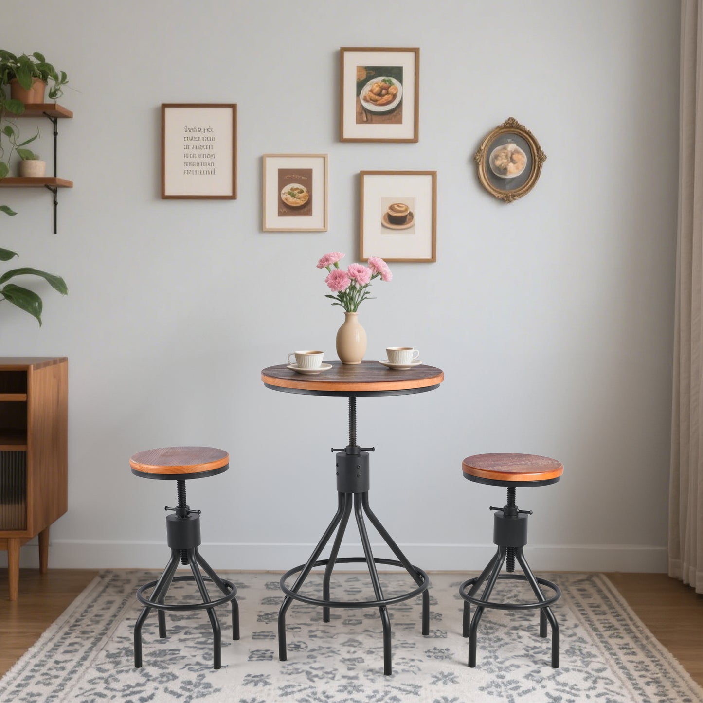 Set OF 3,Industrial Bar Table  Person Rustic Bistro Table with Chairs Vintage Cafe Table Set Farmhouse Breakfast Table Set