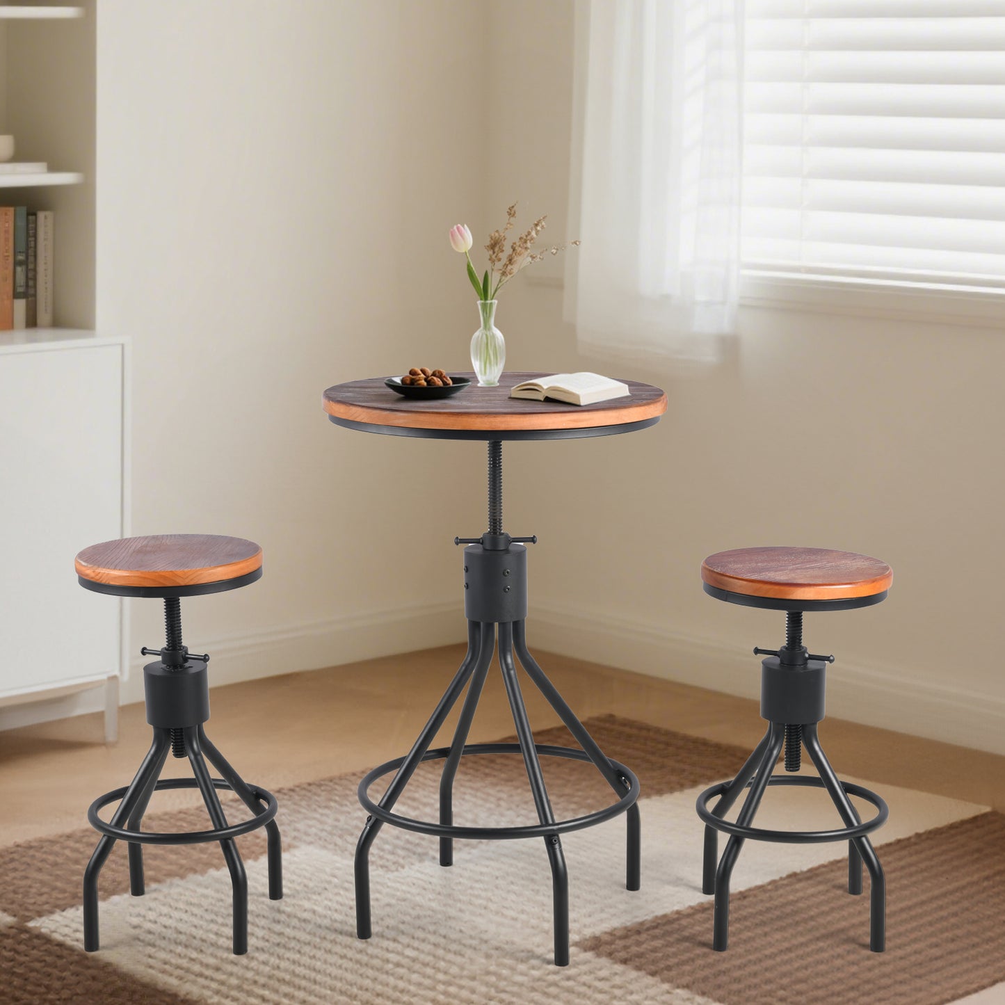 Set OF 3,Industrial Bar Table  Person Rustic Bistro Table with Chairs Vintage Cafe Table Set Farmhouse Breakfast Table Set